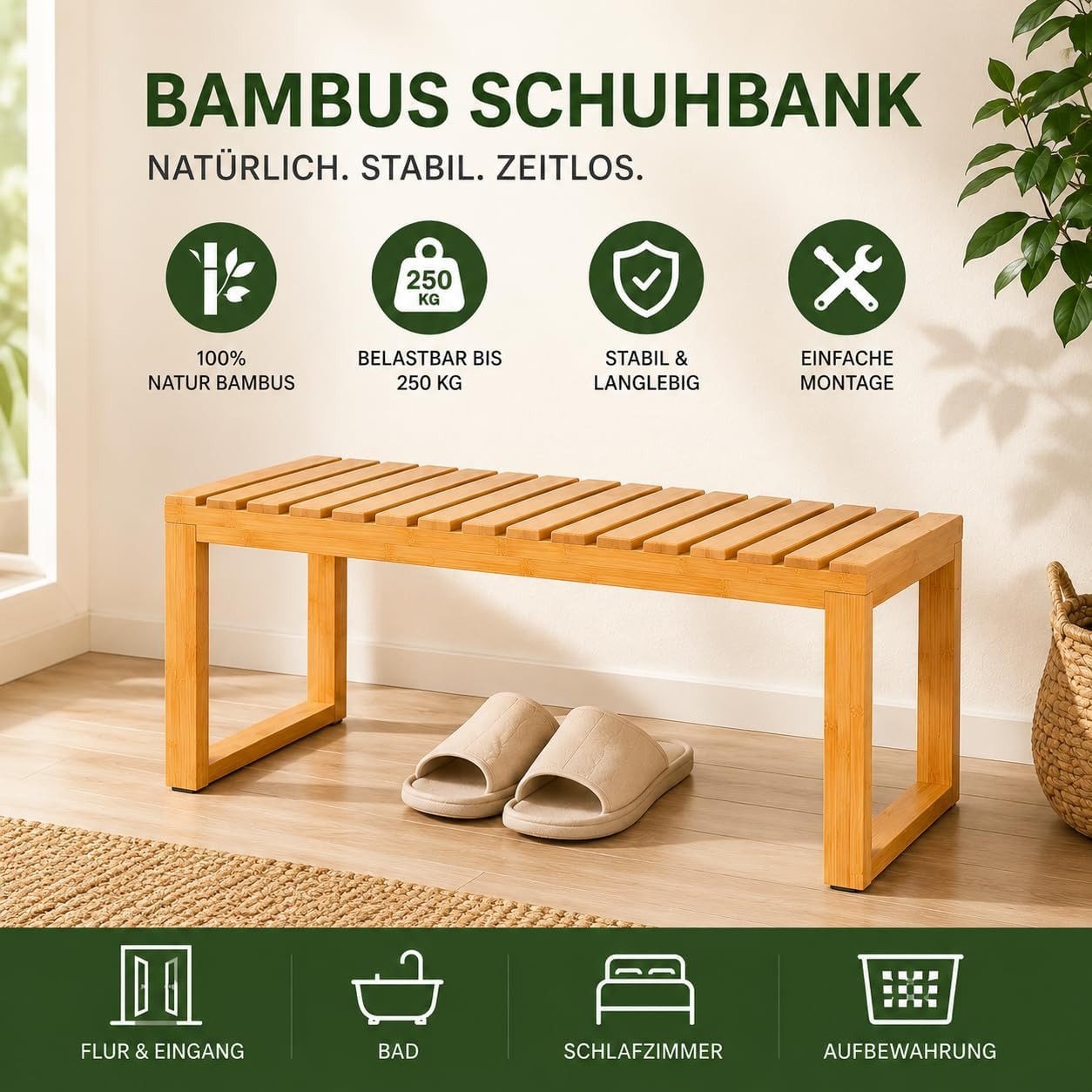 Zedelmaier Sitzbank Schuhbank aus Bambus mit Sitzfläche, Schuhregal 76 x 42 x 32 cm