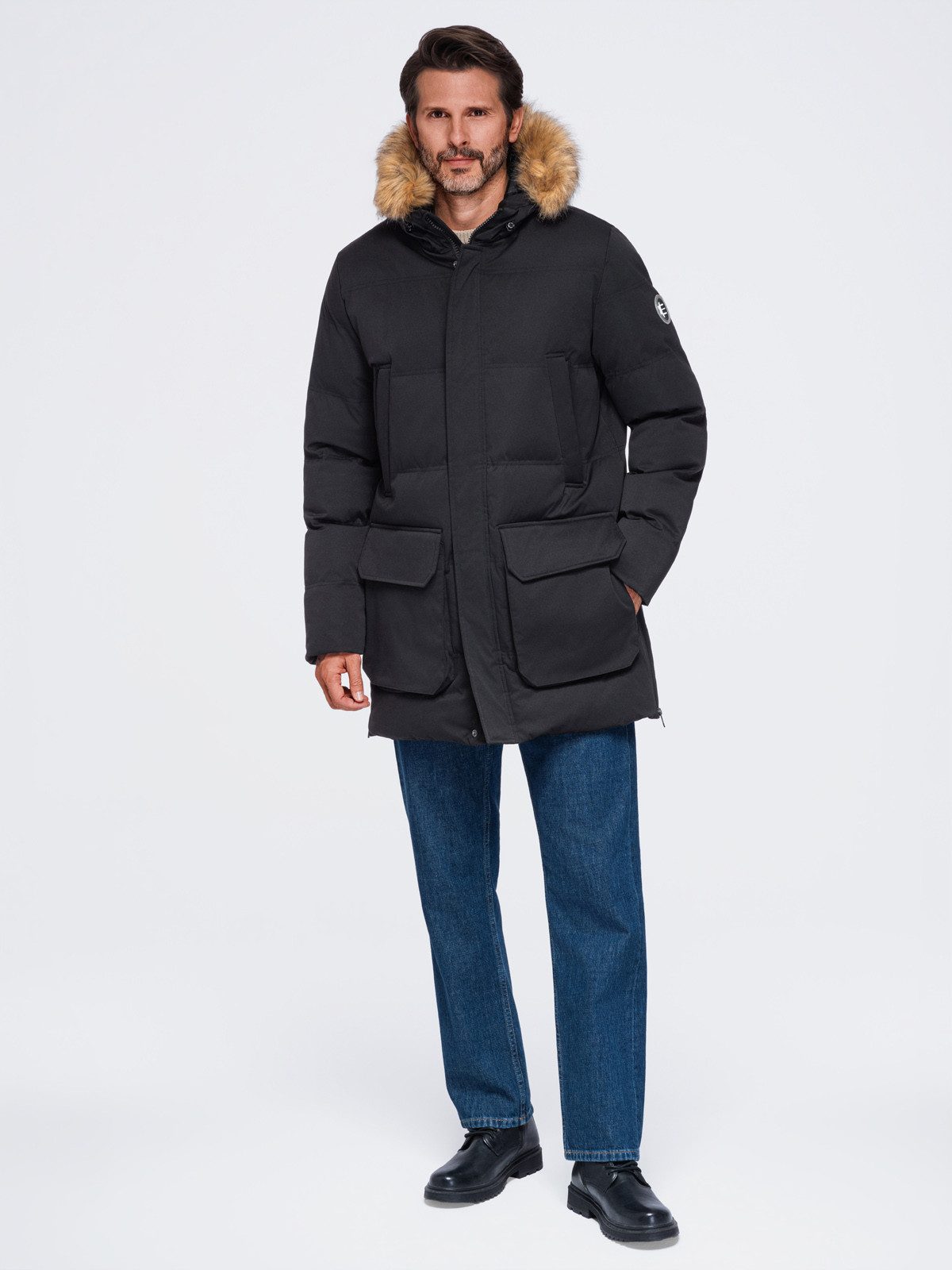 OMBRE Steppjacke Herren Steppjacke mit hohem Kragen und abnehmbarem Kunstfell Schwarz (kein Set, 1-St) in Unifarbe