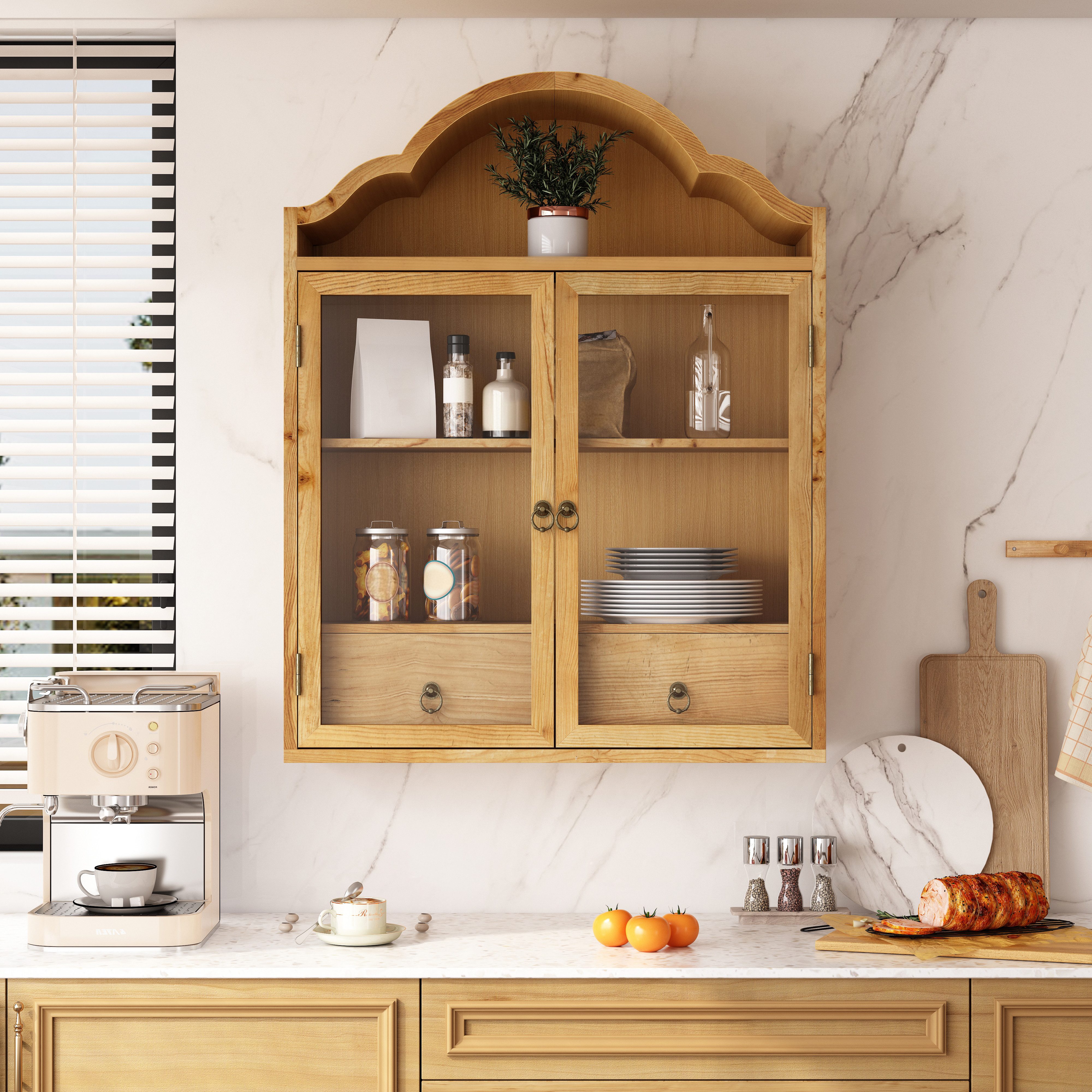 Celya Hängeschrank Retro Wandschrank Mit Geschwungenem Wellendach Und Schubladen (Einsetzbar Für Küche, Badezimmer, Esszimmer Und Wohnzimmer) mit verstellbaren Einlegeböden, 2 Türen, 2 Schubladen