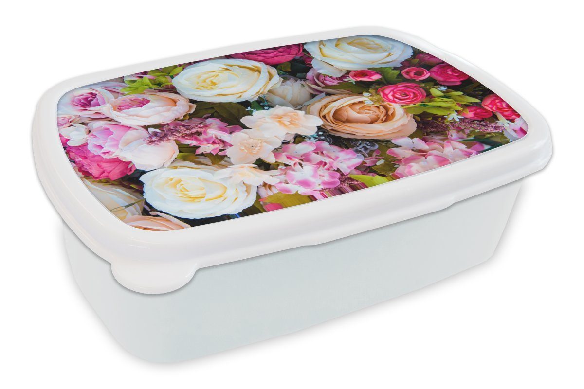 MuchoWow Lunchbox Rosen - Weiß - Rosa, Kunststoff, (2-tlg), Brotbox für Kinder und Erwachsene, Brotdose, für Jungs und Mädchen