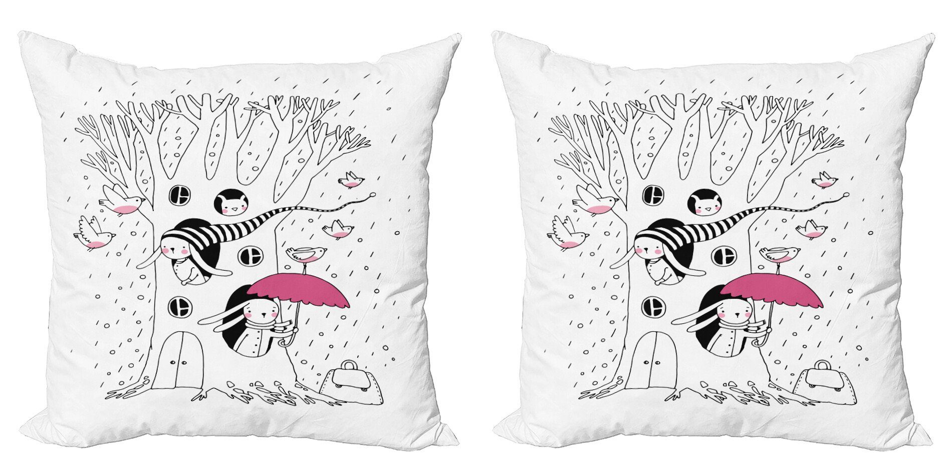 Doppelseitiger Kaninchen Modern Kids Kissenbezüge Rainy Digitaldruck, Stück), Vögel (2 Accent Baum Abakuhaus