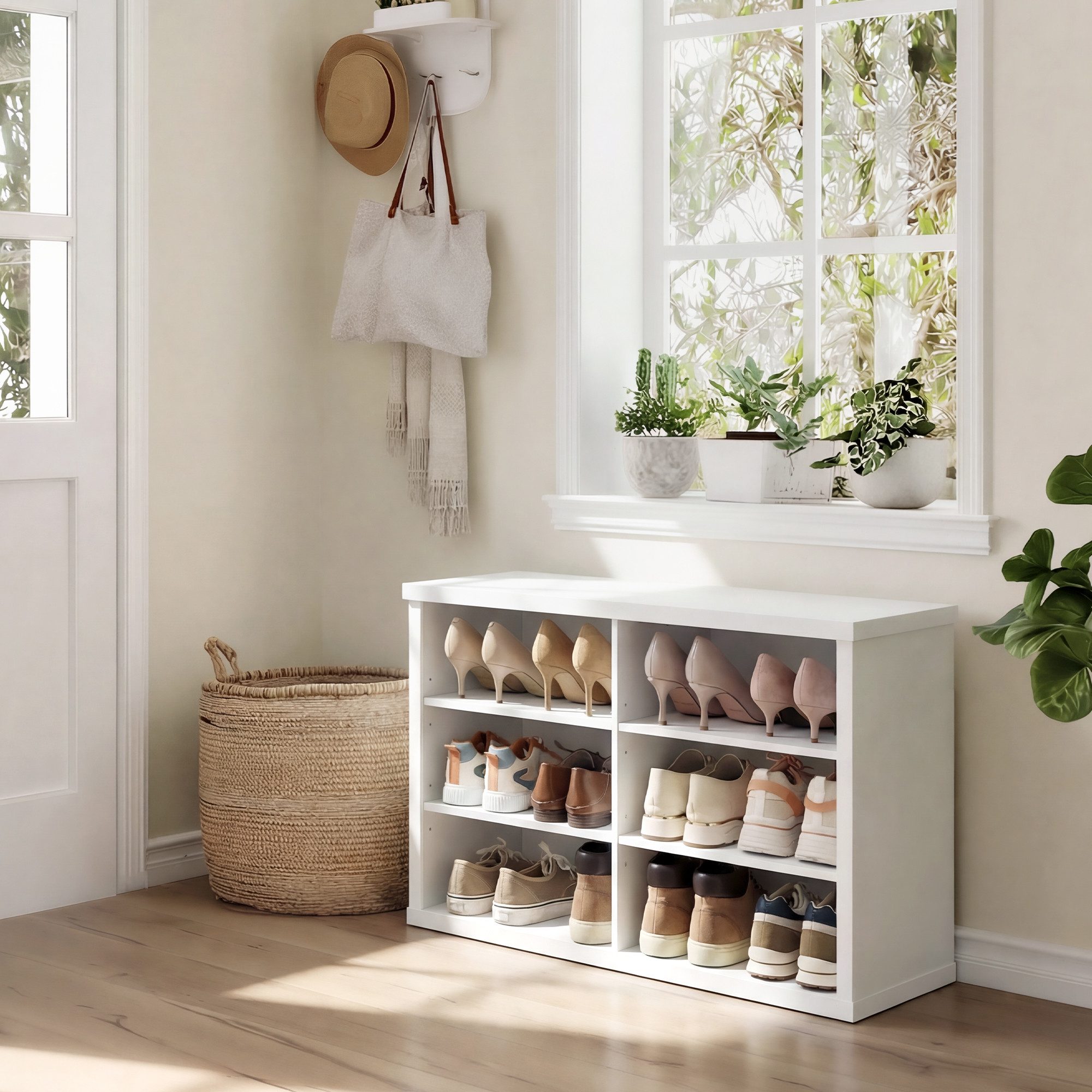 VASAGLE Schuhbank Sitzbank, Schuhregal, für Wohnzimmer, Flur, mit Stauraum, 6 Fächer, verstellbare Ablagen, 29,5 x 80 x 50 cm