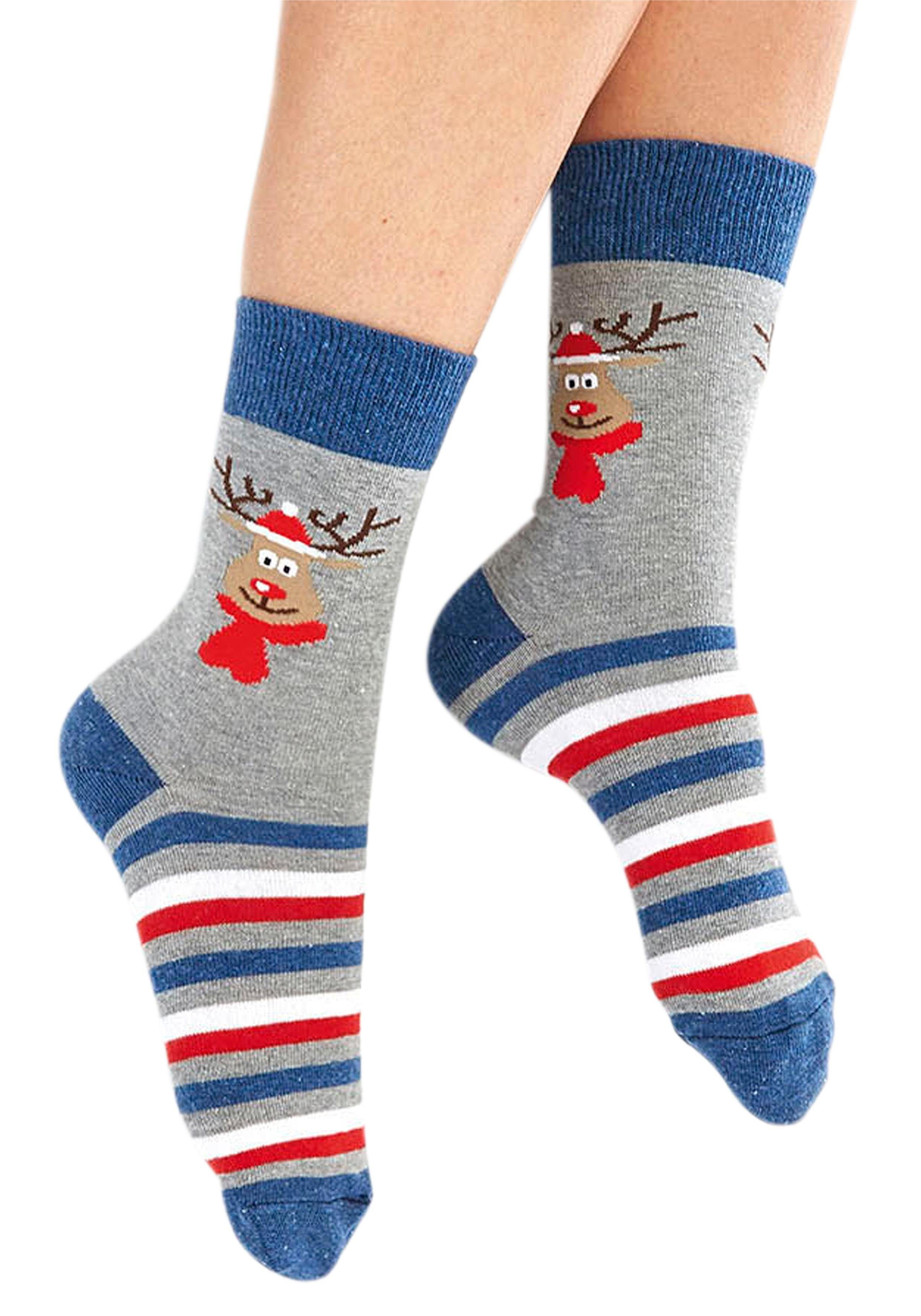 H.I.S Socken mit Weihnachts-Design jeans-grau-rot-gemustert (3-Paar)
