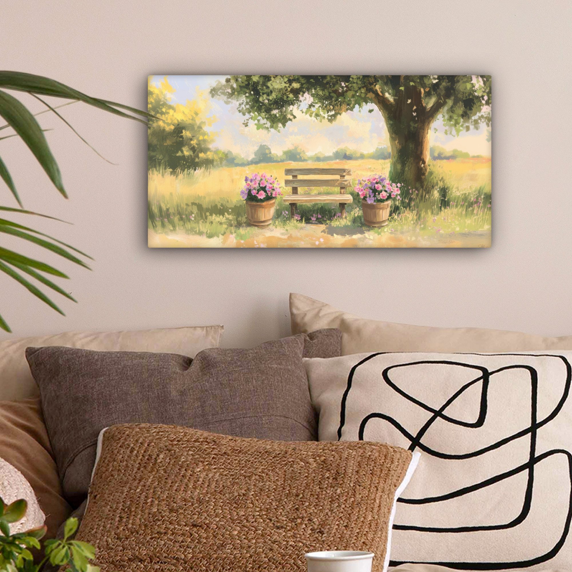 OneMillionCanvasses® Leinwandbild Panorama Holzbank - Blumentöpfe günstig online kaufen