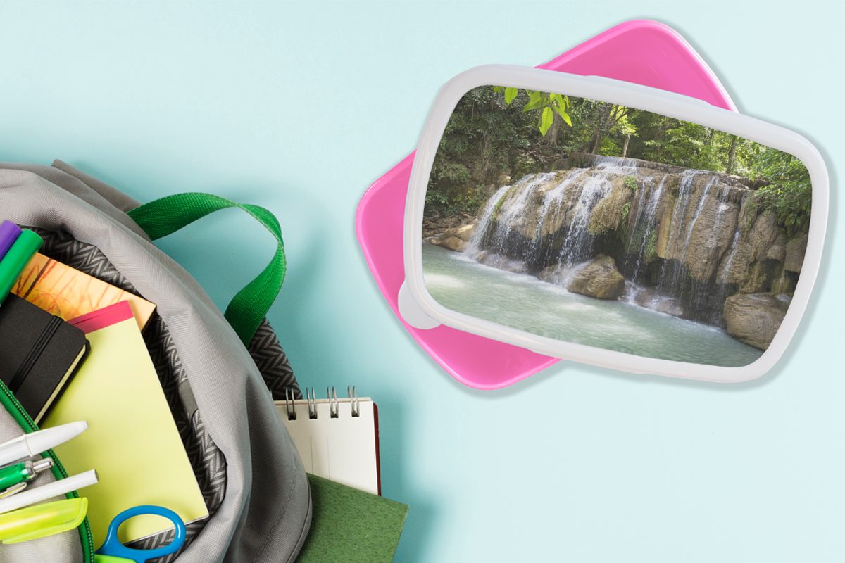 Erawan-Nationalpark (2-tlg), Felsen Snackbox, über Wasserfall Thailand, MuchoWow Kunststoff, für im Brotbox Lunchbox rosa Kunststoff Brotdose Kinder, in Mädchen, Erwachsene,