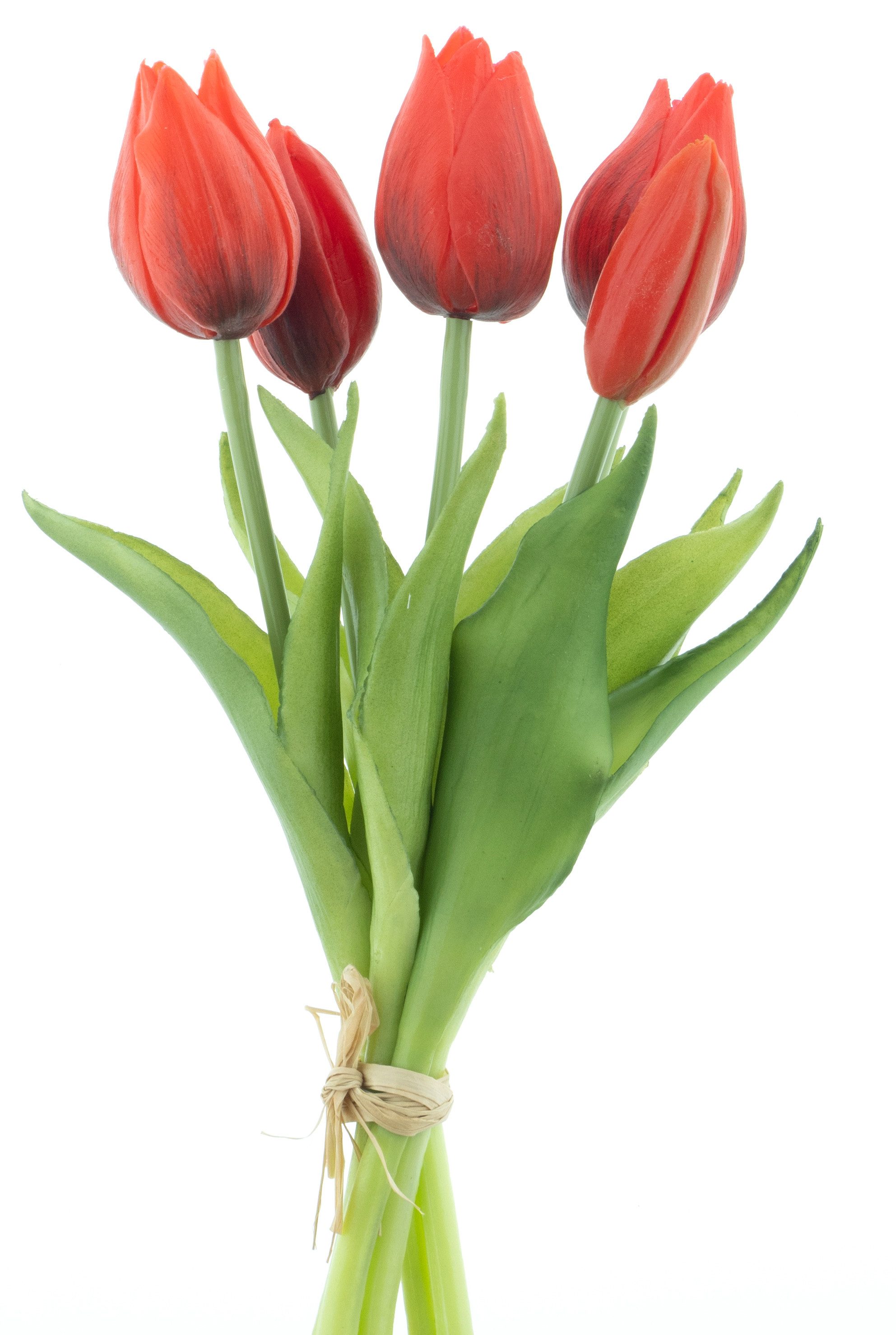 Kunstblumenstrauß Tulpenbund 26cm Tulpen mit 3 Tulpen und 2 Tulpenknospen real Touch, mucPlants