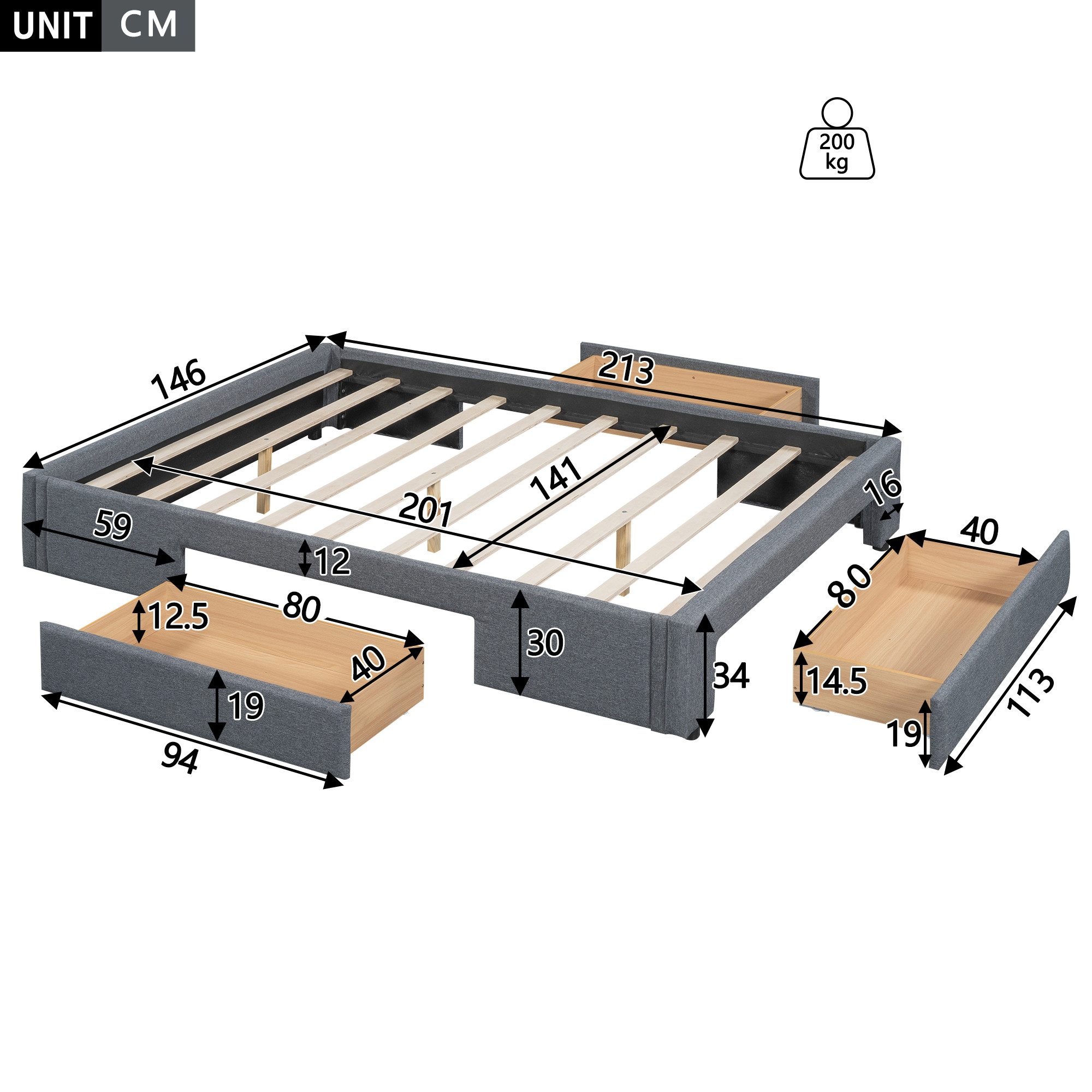 TavilaEcon Palettenbett Flachbett Doppelbett Jugendbett mit 3 Schubladen, o günstig online kaufen