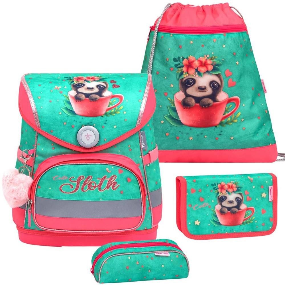 Belmil Schulranzen "Compact" 2025 mit Magnetverschluss, Faultier, 4tlg. Set, 1. Klasse, Grundschule, Einschulung, für Mädchen