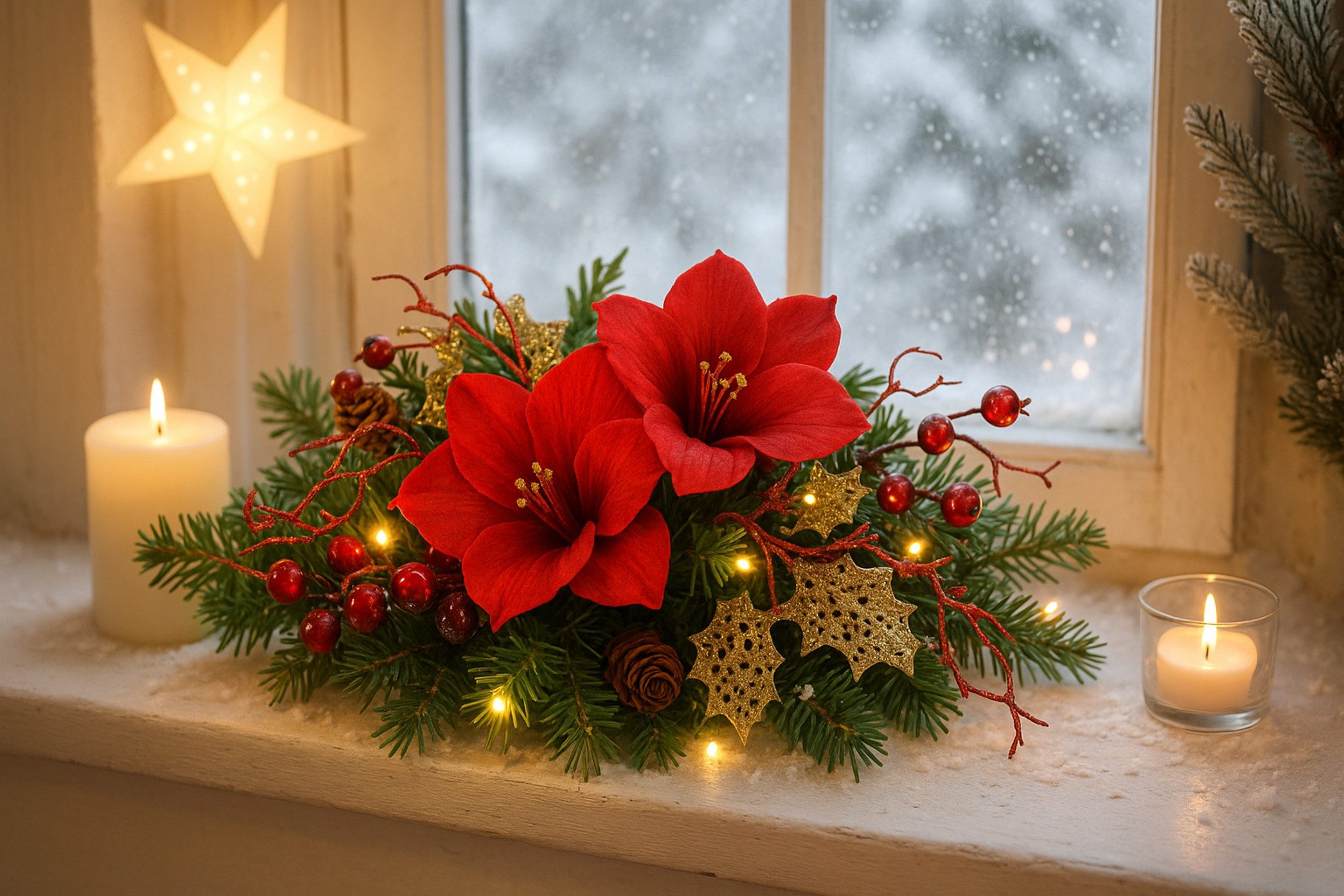 Kunstpflanze Tannenleger, I.GE.A., Höhe 10 cm, Amaryllis Zapfen Beeren künstlich warmweiß Weihnachtsdeko Tisch Advent