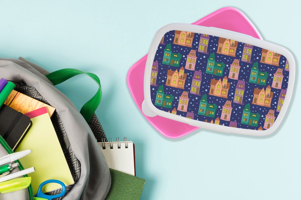 MuchoWow Lunchbox Winter - Kinder, Kunststoff, Mädchen, Snackbox, Kunststoff Haus, rosa - Brotbox Brotdose (2-tlg), für Muster Erwachsene