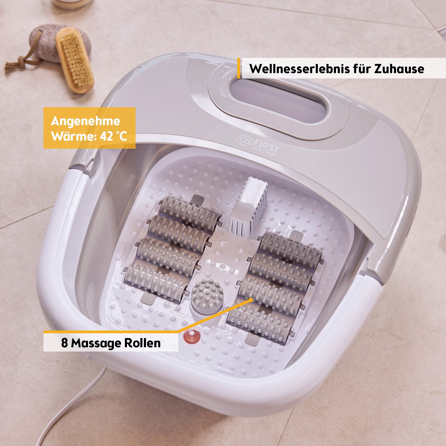 TZS FIRST AUSTRIA Fußmassagegerät mit Massagefunktion 500W, 3 Aufsätze & 8 Massagerollen, bis Größe 47, Vibrations- und Sprudelmassage, Rotlicht-LED & Heizfunkt – Bild 5 von 5