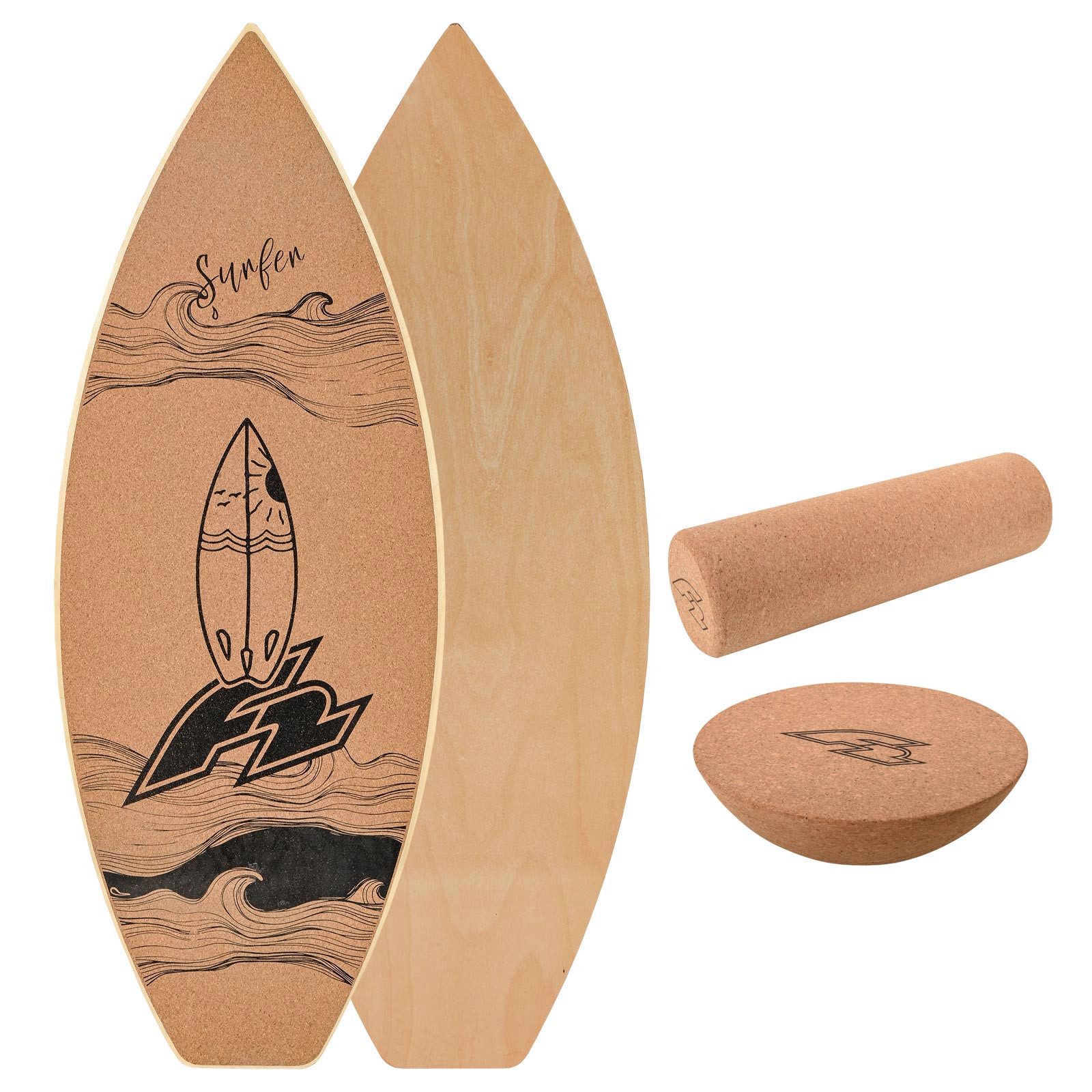 F2 Balanceboard F2 Kork Balance Board Surf 74x30cm mit Korkrolle + Kork Halbkugel