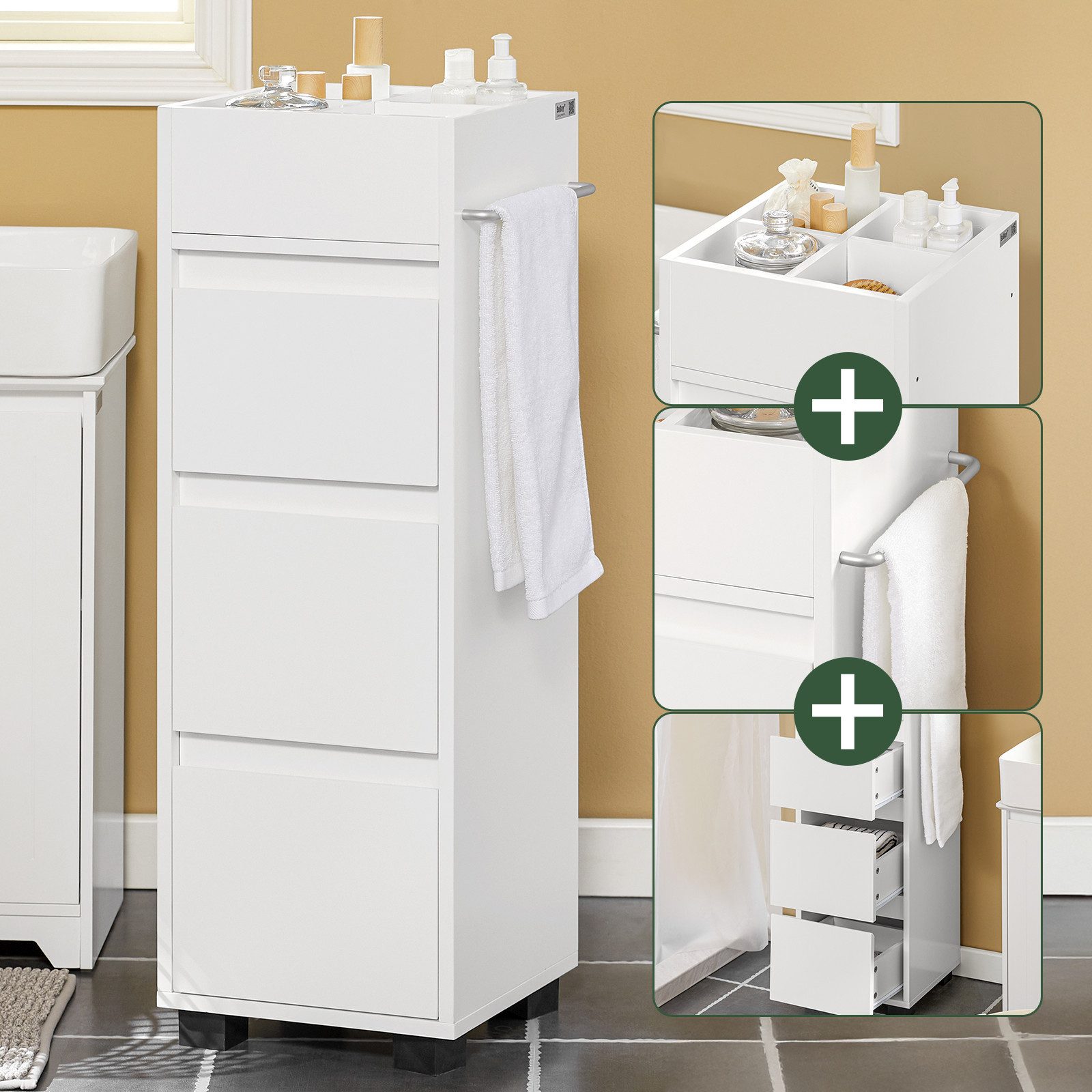 SoBuy Midischrank BZR29, Badschrank schmal, Badezimmerschrank Badkommode Beistellschrank Midischrank Kommode mit 3 Schubladen und 4 Fächern, Badezimmer