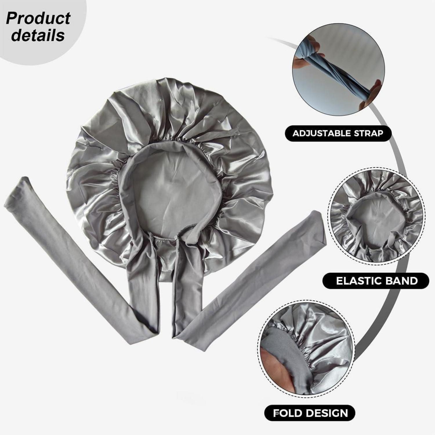 LuxusKollektion Duschhaube Schlafhaube Damen Satin Seide Bonnet verstellbar elastisch Silber