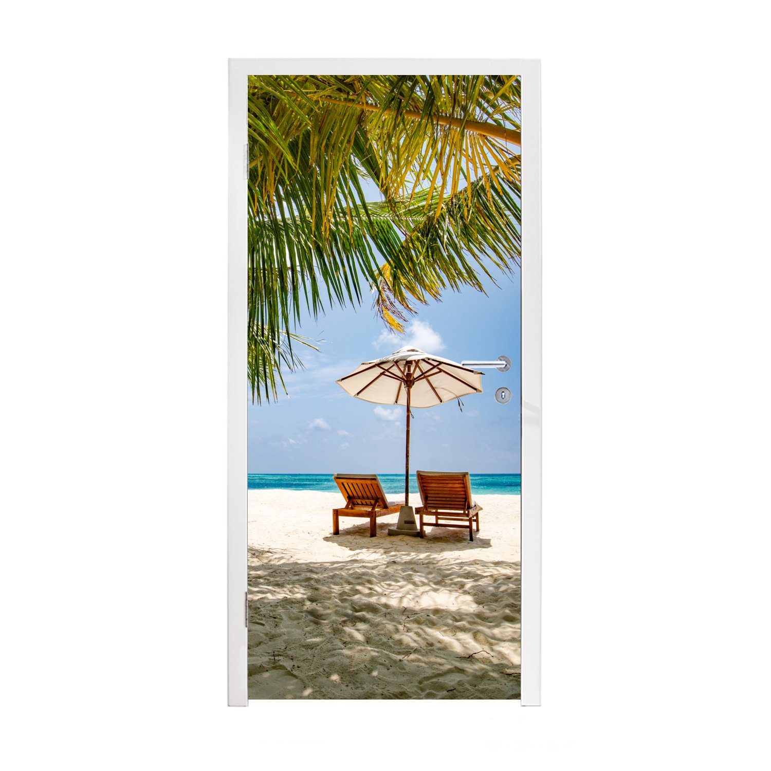 MuchoWow Türtapete Strandkorb - Sonnenschirm - Palme, Matt, bedruckt, (1 St), Fototapete für Tür, Türaufkleber, 75x205 cm