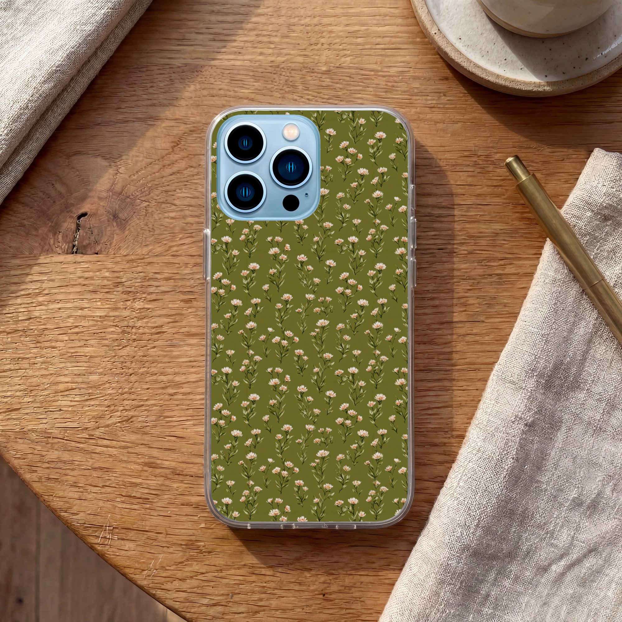 MuchoWow Handyhülle für Apple iPhone 13 Pro Rustikal - Blumen - Grün, Smartphone-Bumper, Print, Handy Schutzhülle Dünn