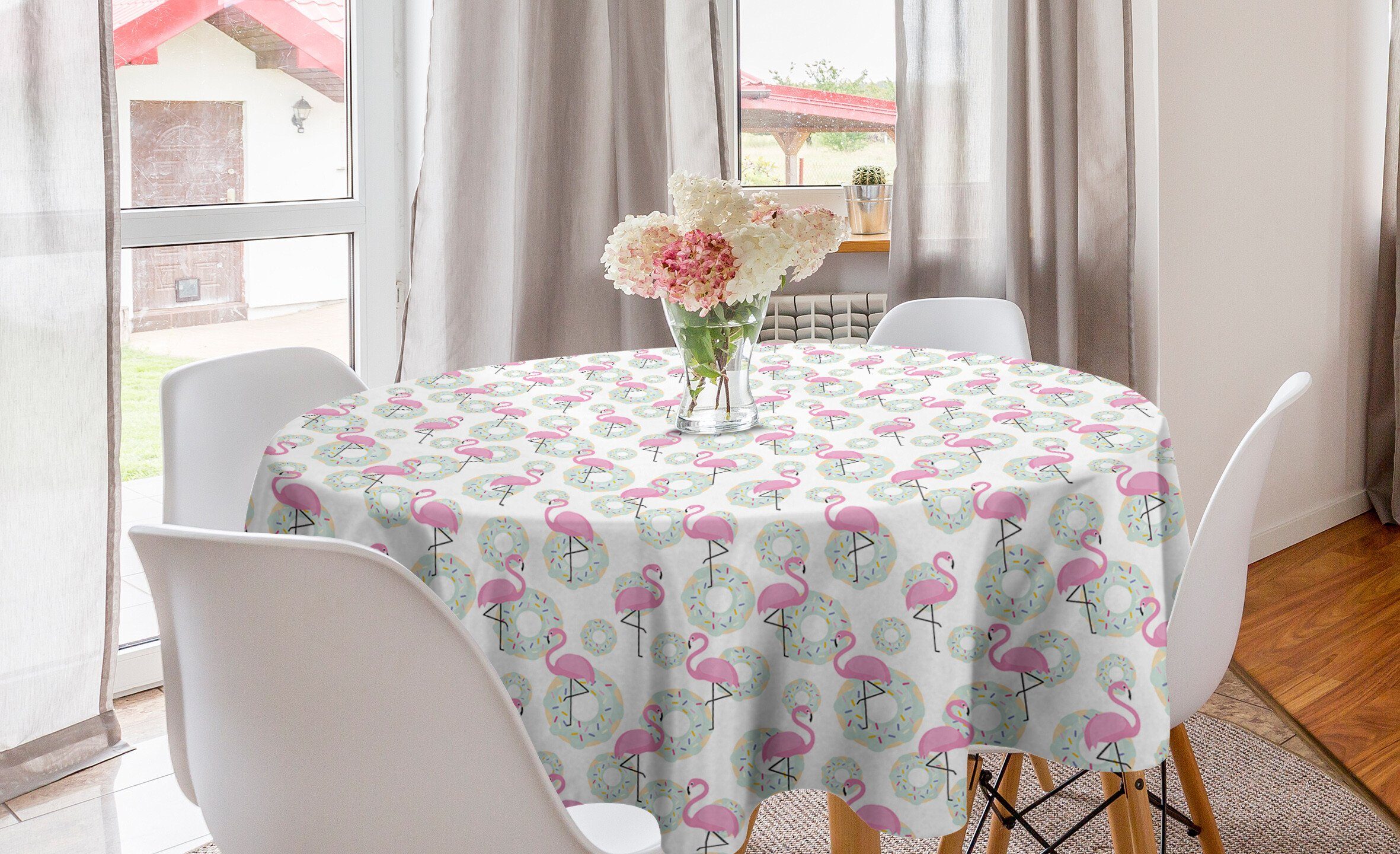 Abakuhaus Tischdecke Kreis Tischdecke Abdeckung für Esszimmer Küche Dekoration, Flamingo Donuts Hawaii Tiere