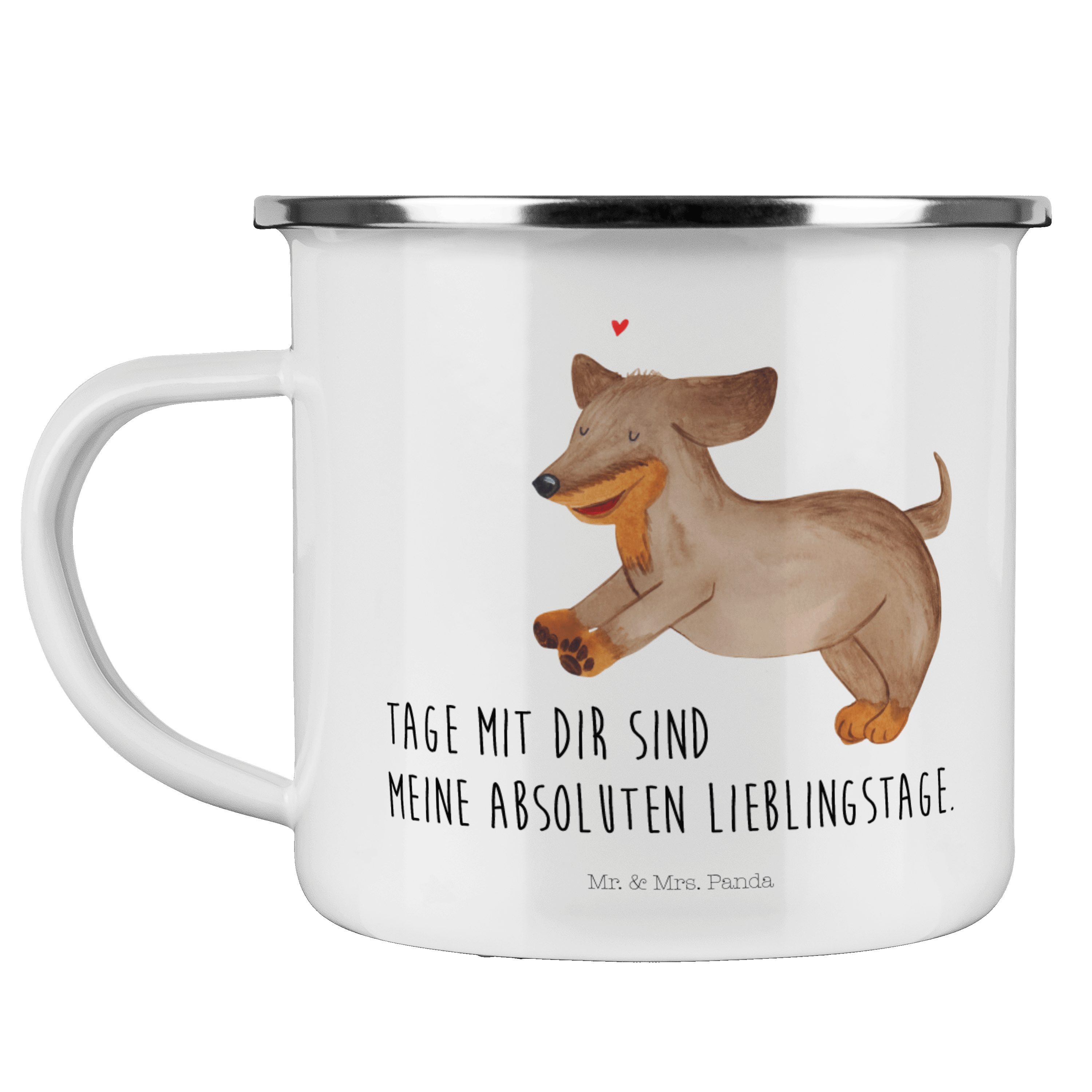 Mr. & Mrs. Panda Becher Hund Dackel fröhlich - Weiß - Geschenk, Hundemama, Kaffee Blechtasse, Emaille