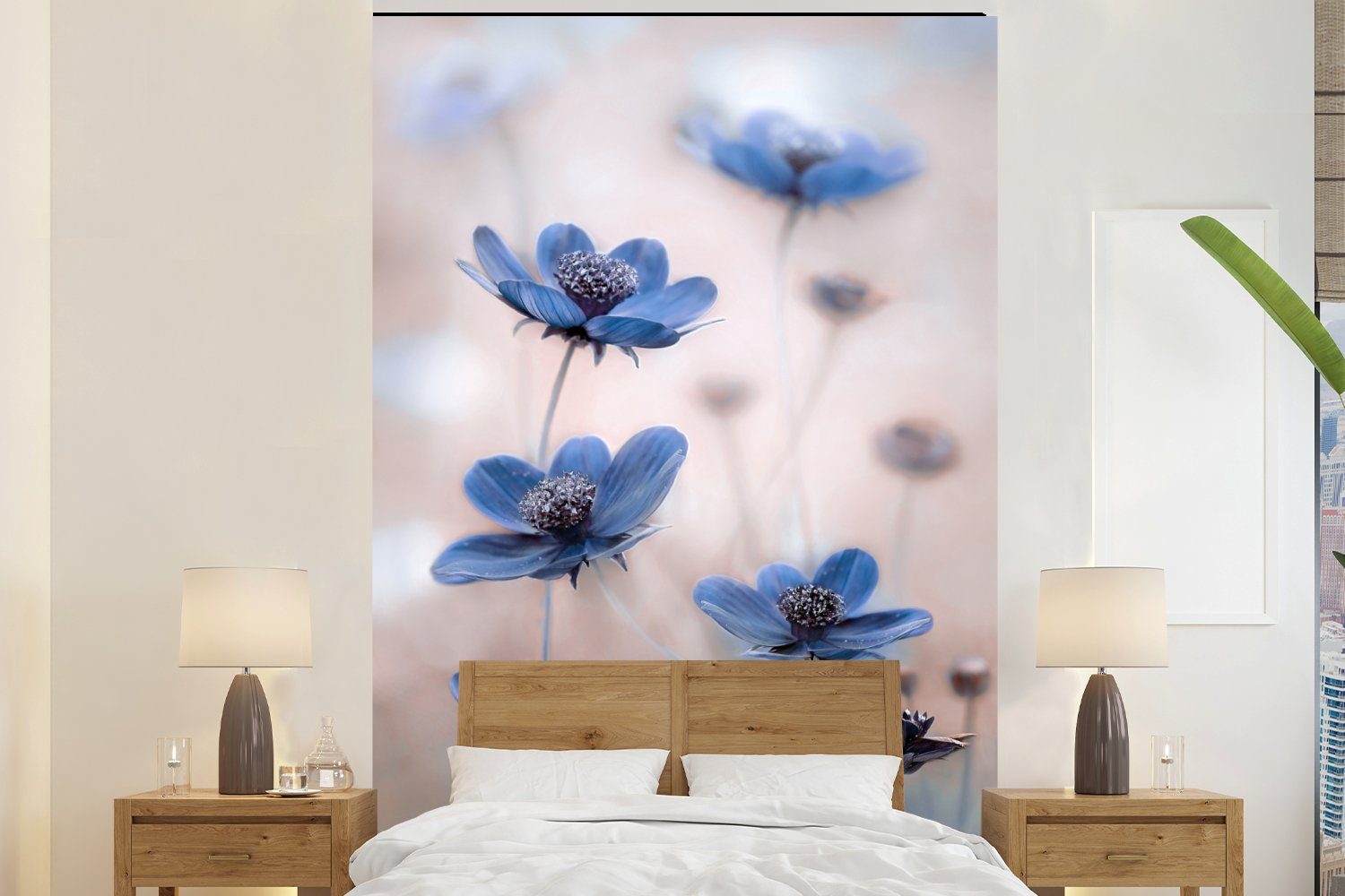 MuchoWow Fototapete Kosmos - Blumen - Natur - Blau, Matt, bedruckt, (3 St), Montagefertig Vinyl Tapete für Wohnzimmer, Wandtapete