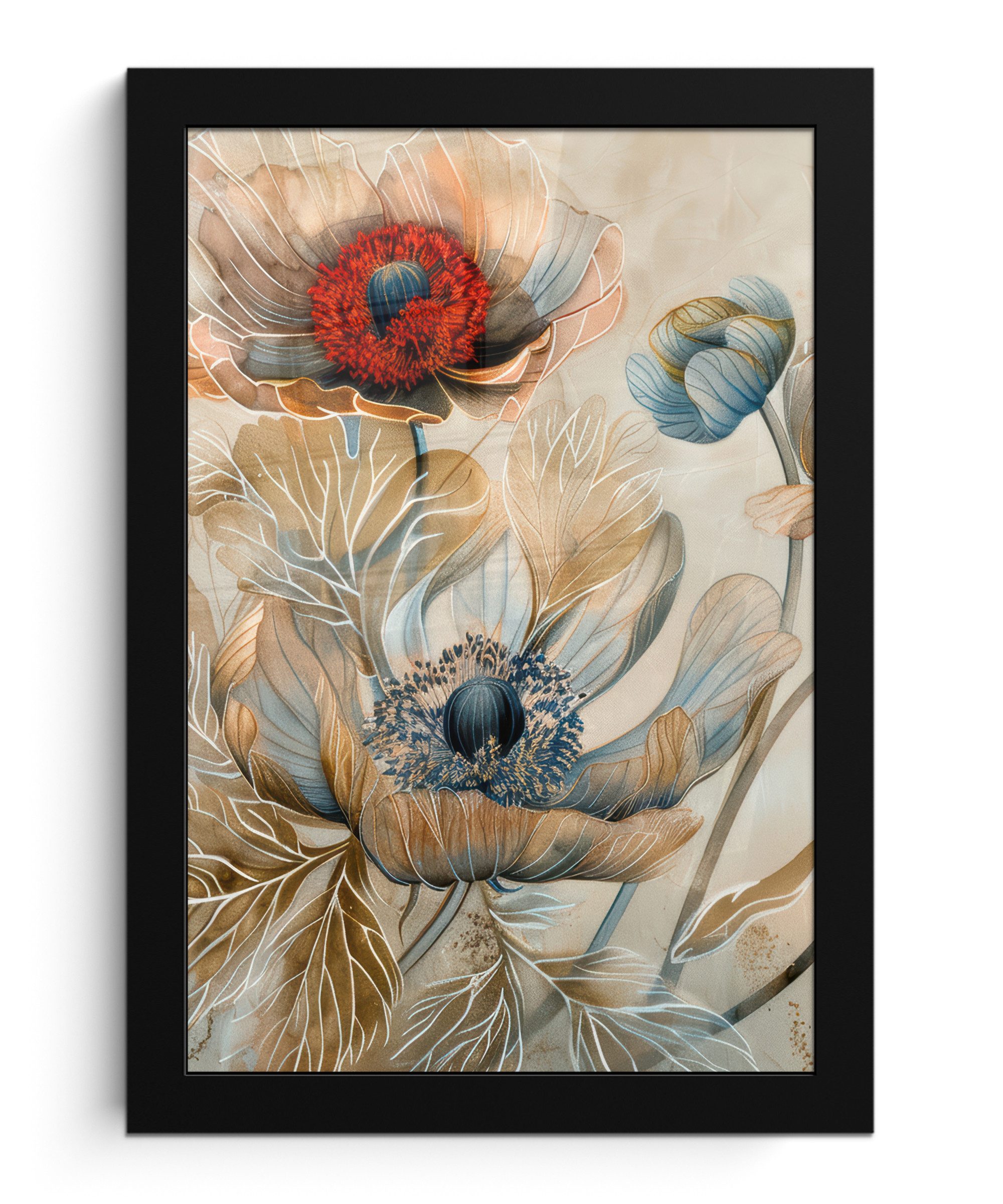 MuchoWow Poster Blumen - Beige - Modern - Illustration, (1 St), Bilderrahmen, Zimmer Deko, Bild für Wohnzimmer, 20x30 cm