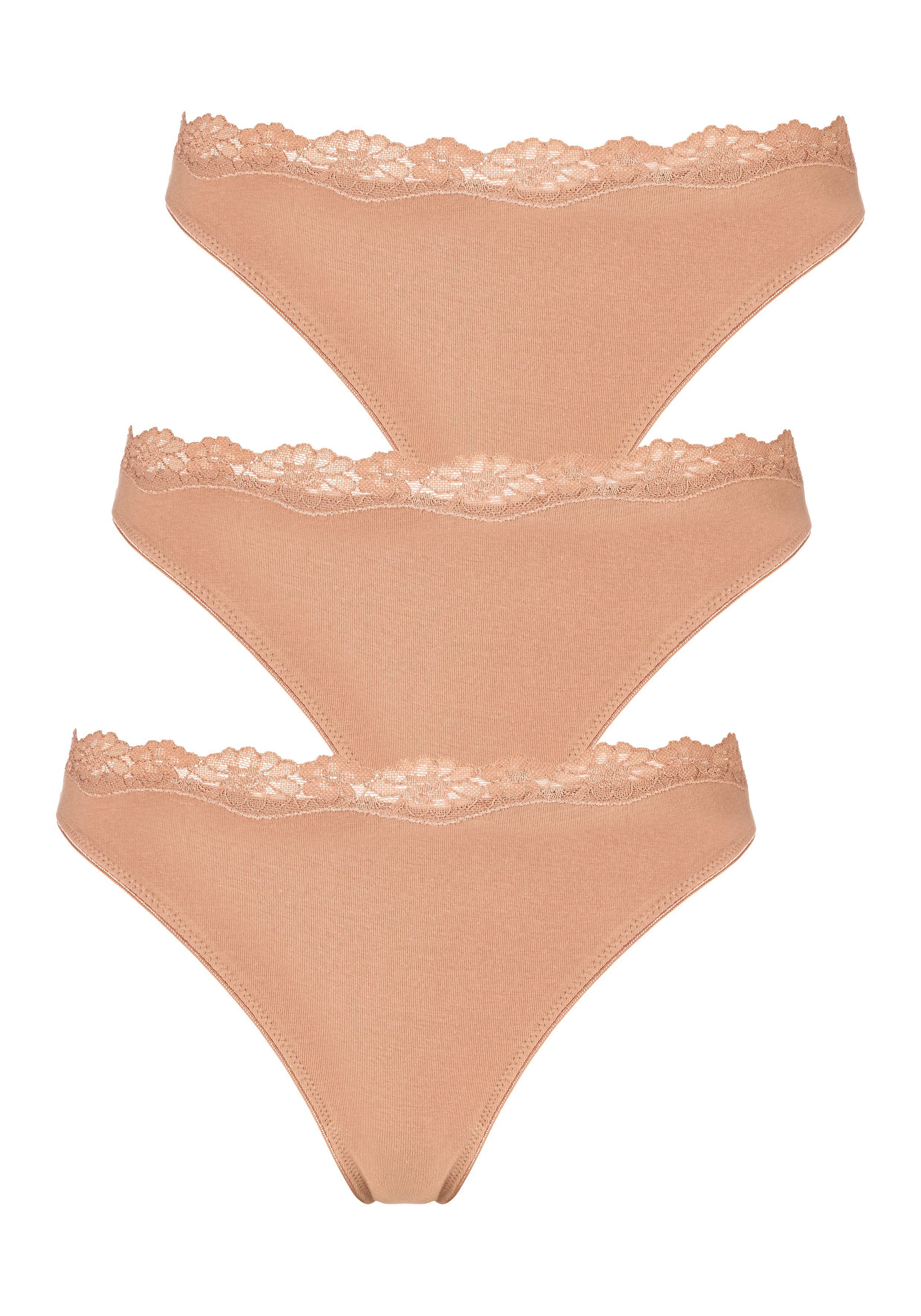 LASCANA String aus 3-St) Baumwolle Spitze beige mit zarter elastischer (Packung