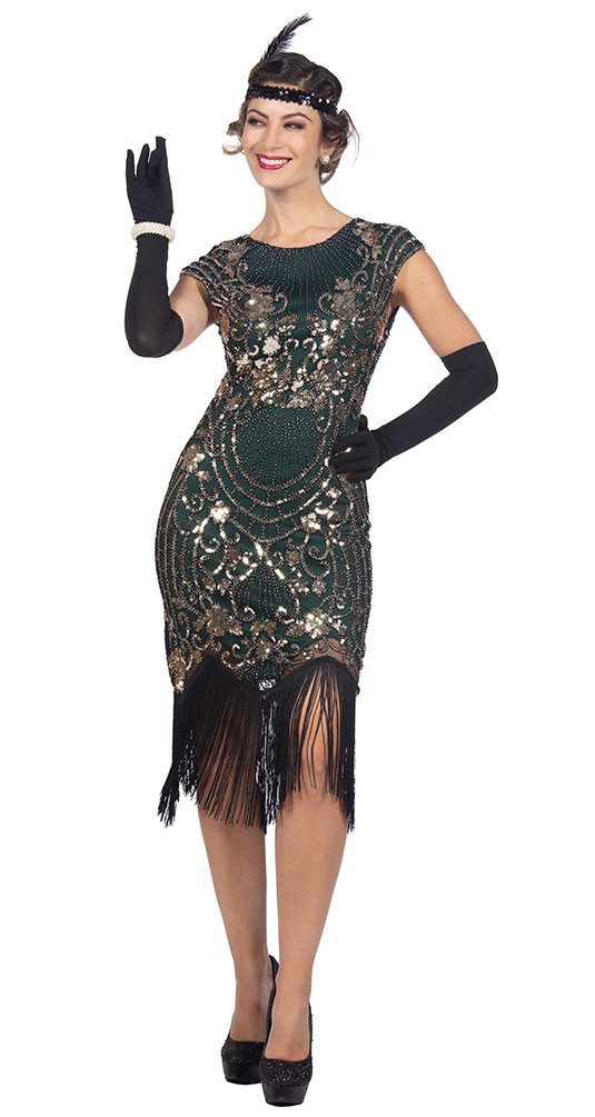 Karneval-Klamotten Kostüm 20er Jahre Charleston Kostüm Damen hochwertig grün, Flapper Gangsterbraut Frauenkostüm 1920 1930 Kleid Great Gatsby Outfit