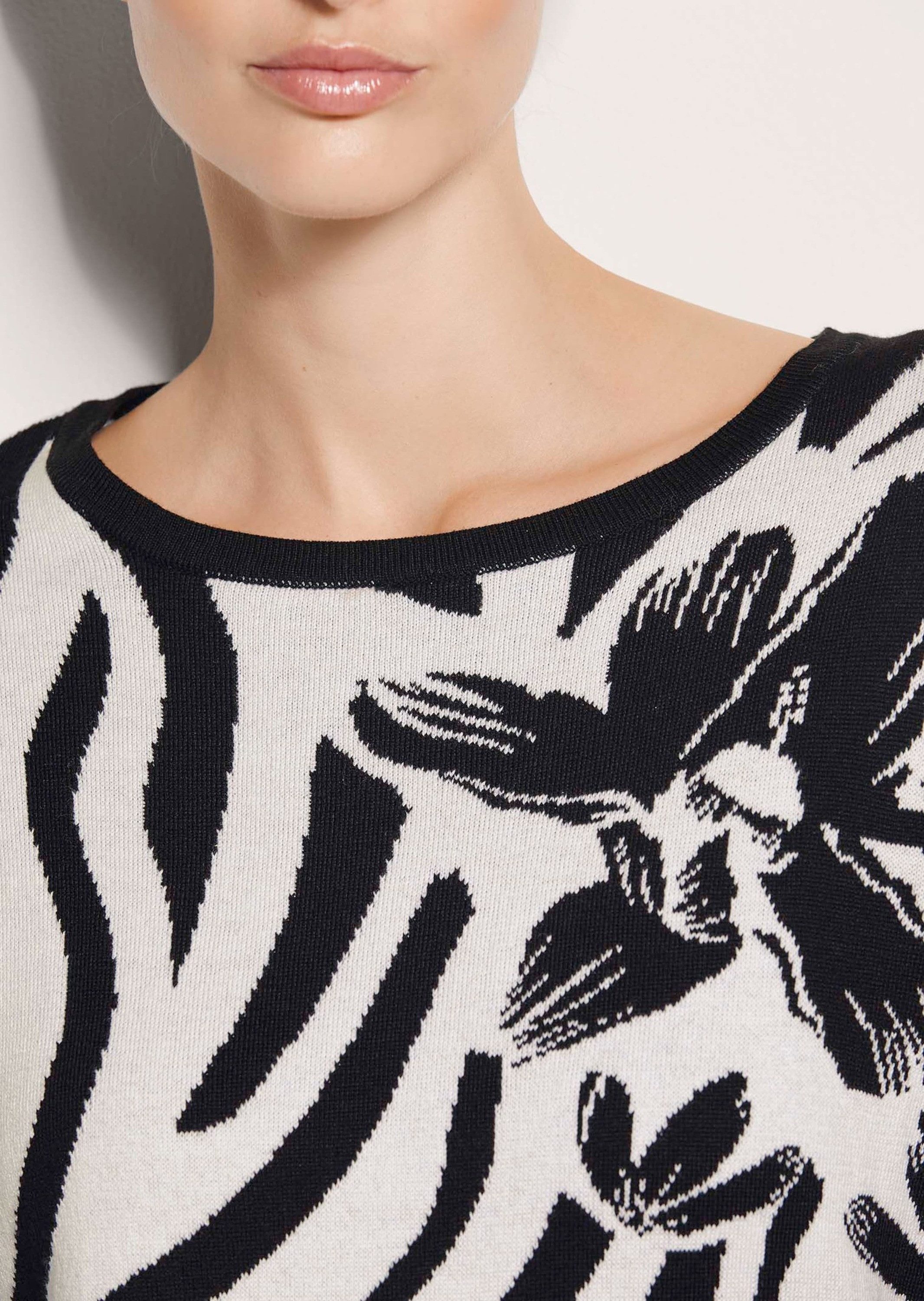 MADELEINE Strickpullover Intarsienpullover mit Zebra- und Blumenmuster Baumwollpullover mit Rundhalsausschnitt und langarm