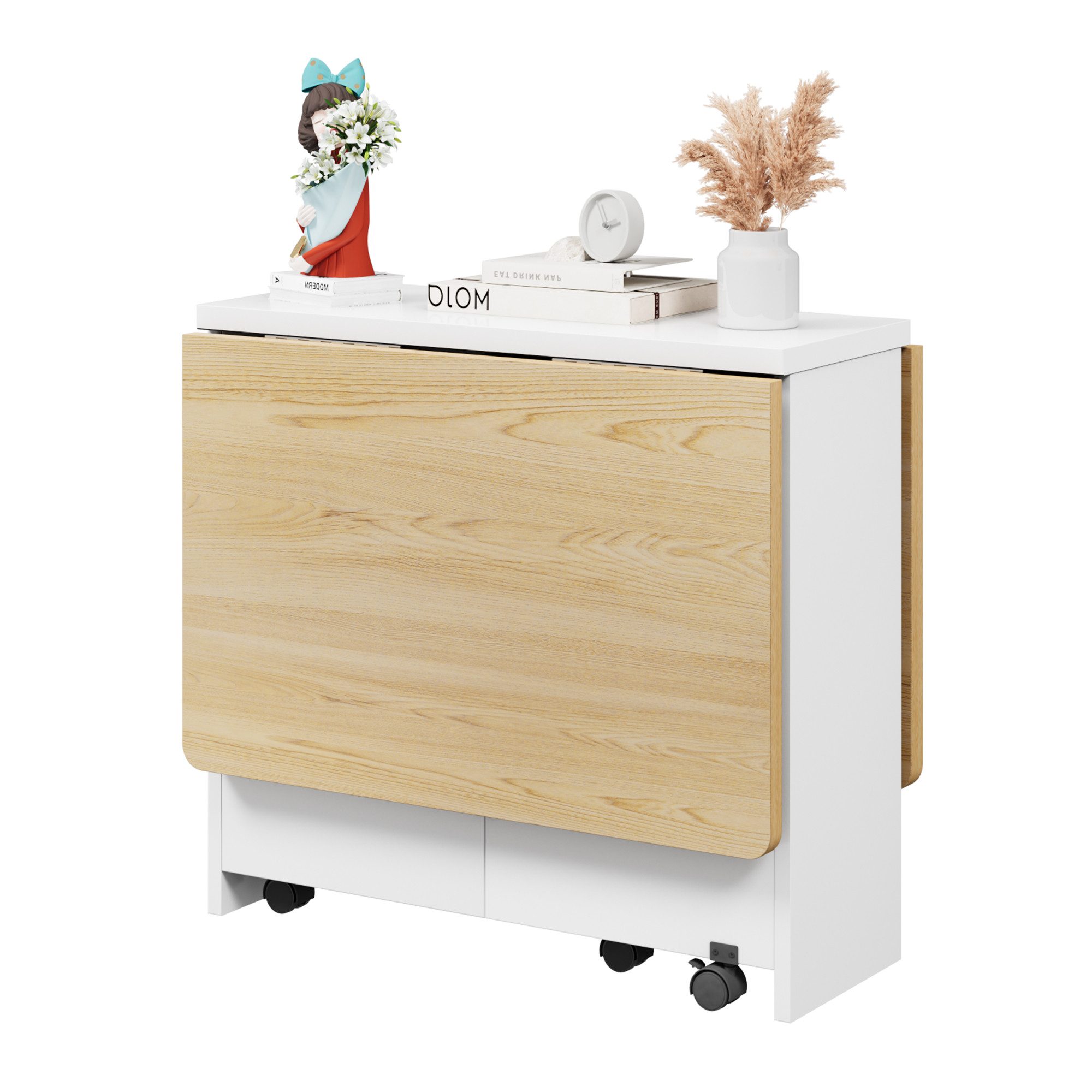 GarveeMore Esstisch klappbarer mit 2 Ablageflächen für 4 Personen, Küchentisch erweiterbar für Esszimmer,Küche,Büromöbel