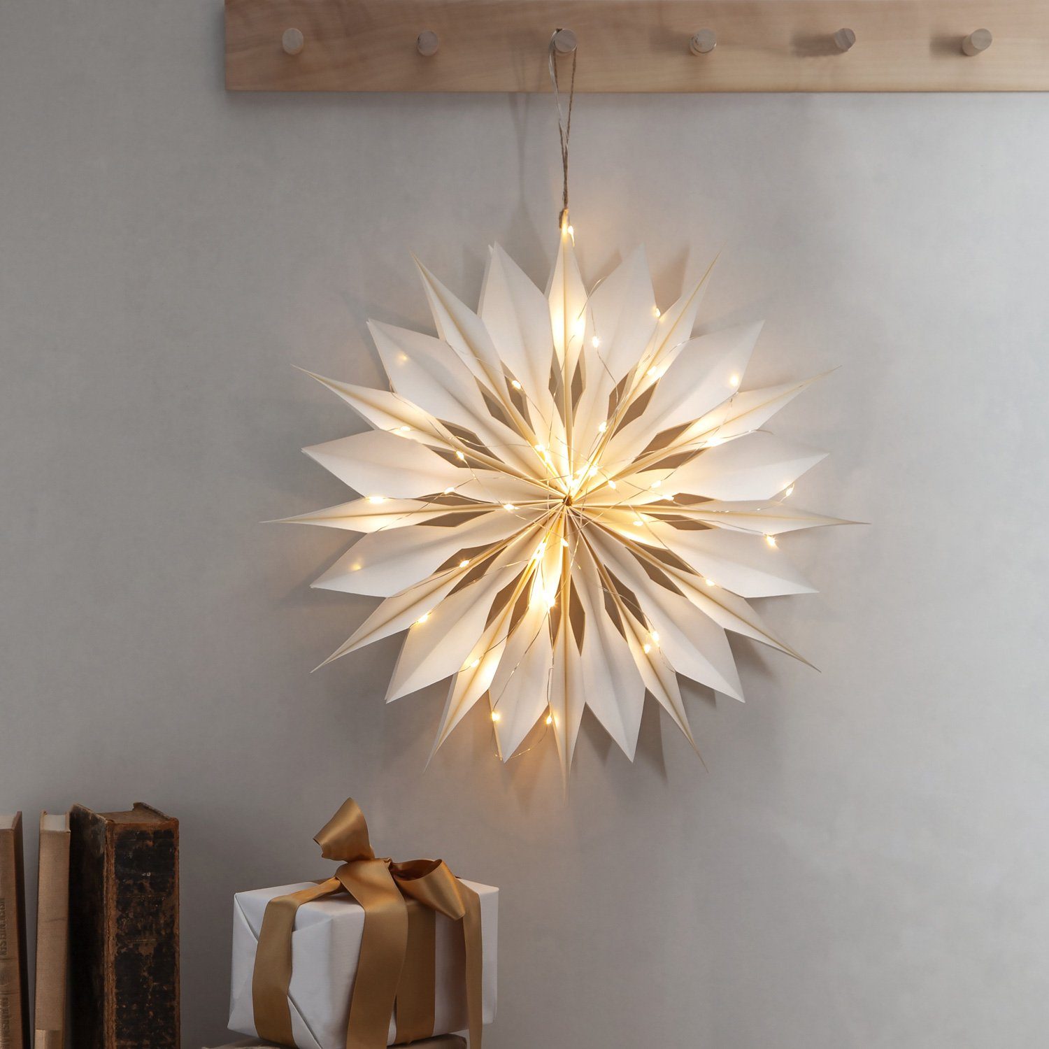 MARELIDA LED Stern Papierstern Weihnachtsstern Faltstern m.Lichterkette hängend 45cm weiß, LED Classic, warmweiß (2100K bis 3000K)