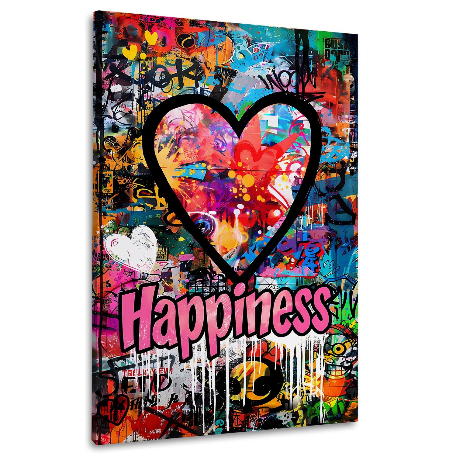 Artedinoi Leinwandbild Herz Graffiti Happiness bunt Street Art Leinwandbild Wandbild XXL, Herz mit Schriftzug Happiness