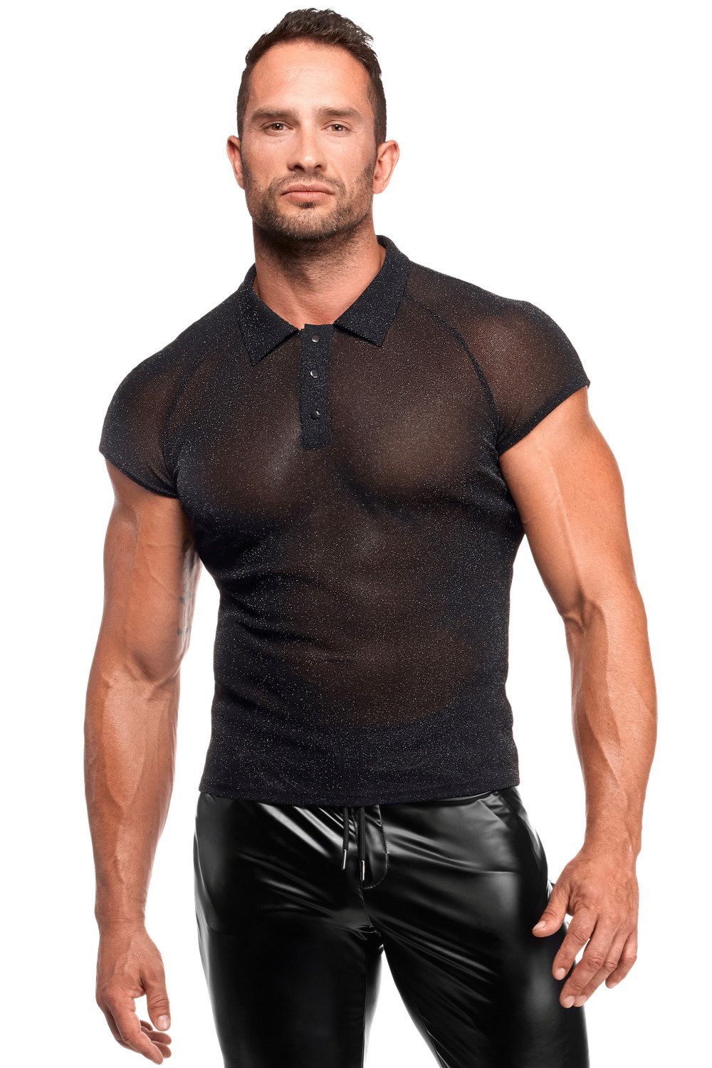 T-Shirt Transparentes Herren T-Shirt schwarz aus Mesh Material mit Tüll Stehkr