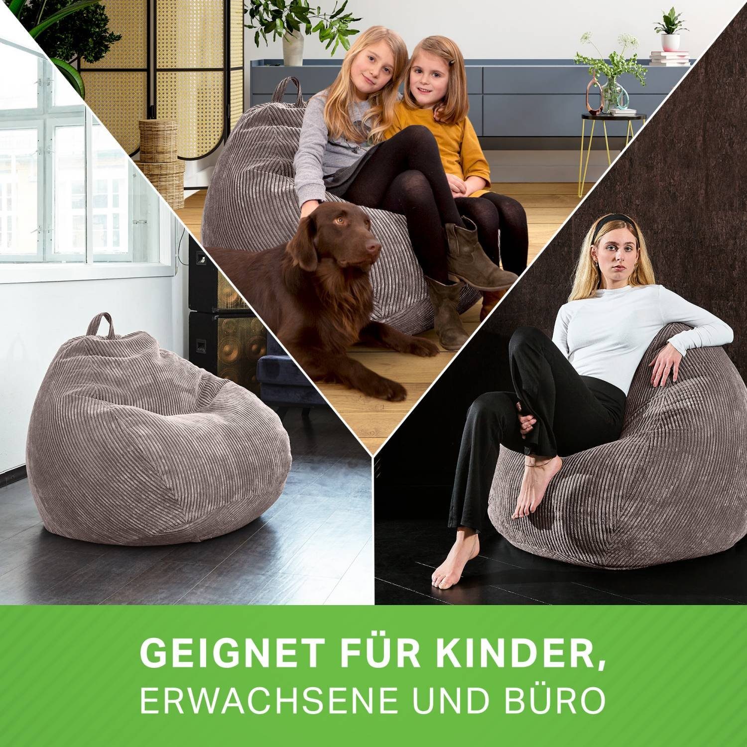 Green Bean Cordstoff, & Kuschelig Drinnen Grau Cord Erwachsene Relax-Sessel Scoop Sitzsack Sitzkissen), Kinder 90x110cm Bodenkissen EPS-Perlen Füllung Weich Liegekissen Stoff Sitzsack - Waschbar (Indoor Sitzhocker