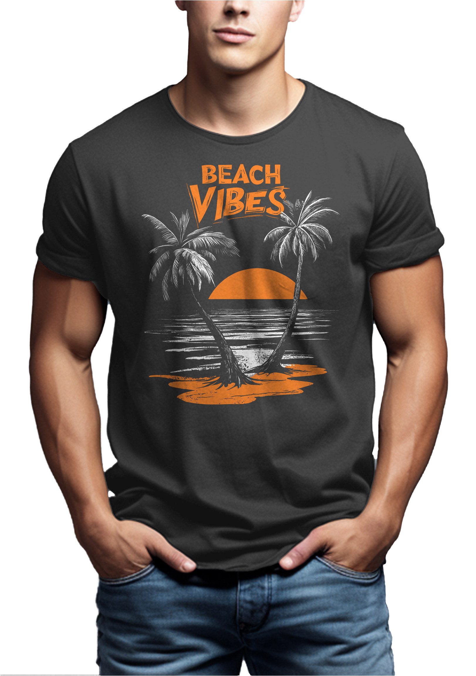 MAKAYA T-Shirt Herrenshirt mit California Beach Motiv – Palmen & Sunset Vibes (Schwarz, Blau, Grün, Blaugrau, Grau, S, M, L, XL, XXL, XXXL, XXXXL, XXXXXL) Baumwolle