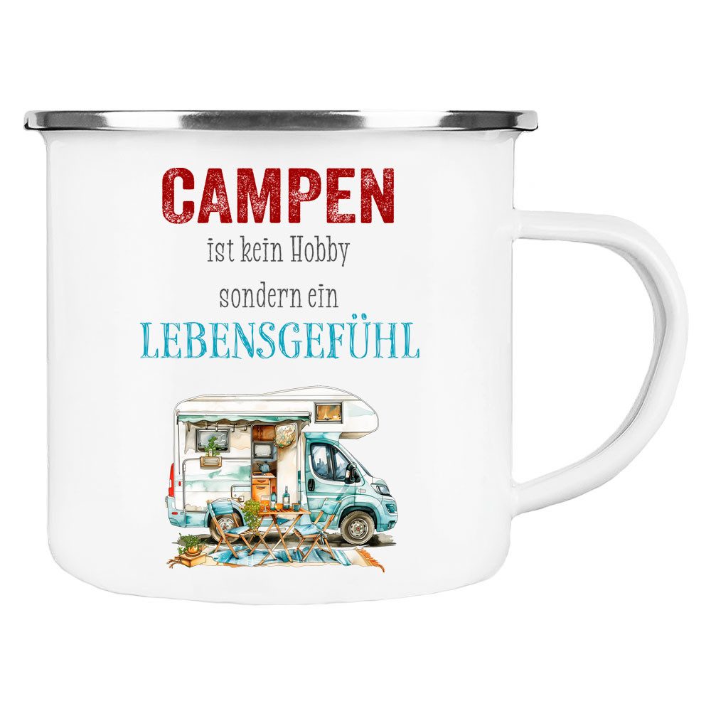 Cadouri Tasse LEBENSGEFÜHL Camping Emaille Tasse, Campingtasse, Metall, Campingbecher, Kaffeetasse für Camper, handgefertigt, Geschenk, 300 ml