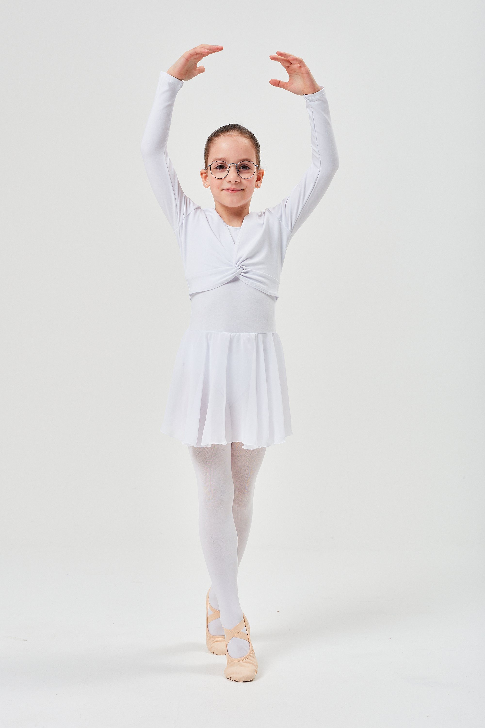 tanzmuster Crop-Top Langarm Ballett Top wunderbar Mädchen Mia weiß weicher Baumwolle für Oberteil Ballett aus fürs Kinder