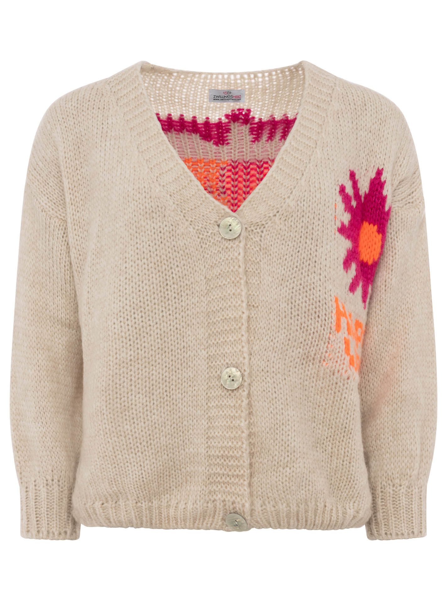 Zwillingsherz Cardigan "Happy Vibes" Knopfleiste, großes Motiv mit Blume und Schrift hinten, One Size