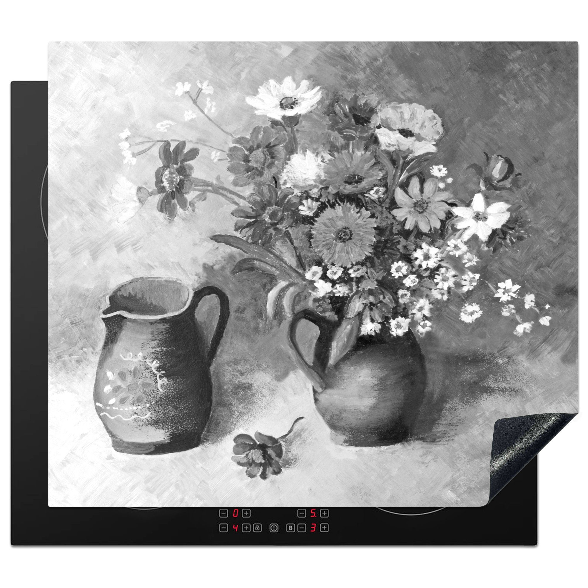MuchoWow Herdblende-/Abdeckplatte Stilleben mit Blumen in einer Vase - schwarz-weiß, Vinyl, (1 tlg), 60x52 cm, Mobile Arbeitsfläche nutzbar, Ceranfeldabdeckung