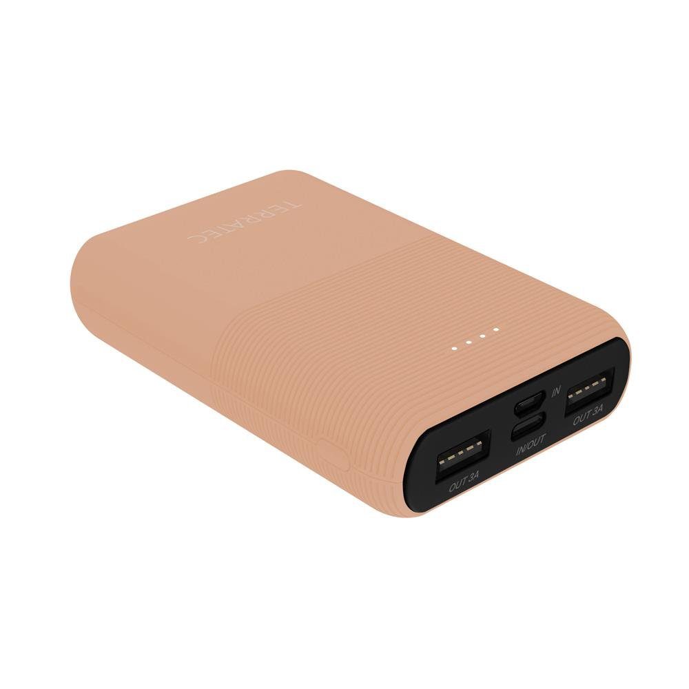 Terratec P100 Pocket Powerbank 10000 mAh, Mobiles Ladegerät, 2x USB (Ausgang),  1x USB-C (Eingang/Ausgang), 1x MicoUSB (Eingang), Notebook, Smartphone,  Design, LED Status Anzeige, 3 Geräte gleichzeitig, rosa / pink Sand (282268)