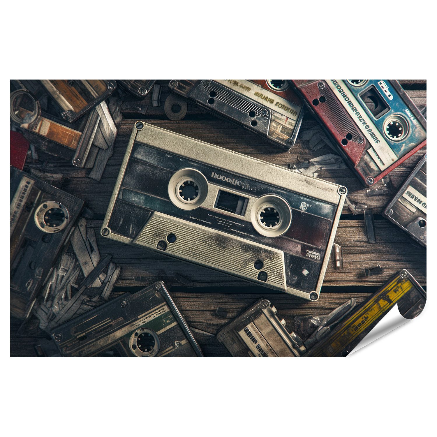 islandburner Poster, Nostalgische Kassettensammlung auf Holzboden