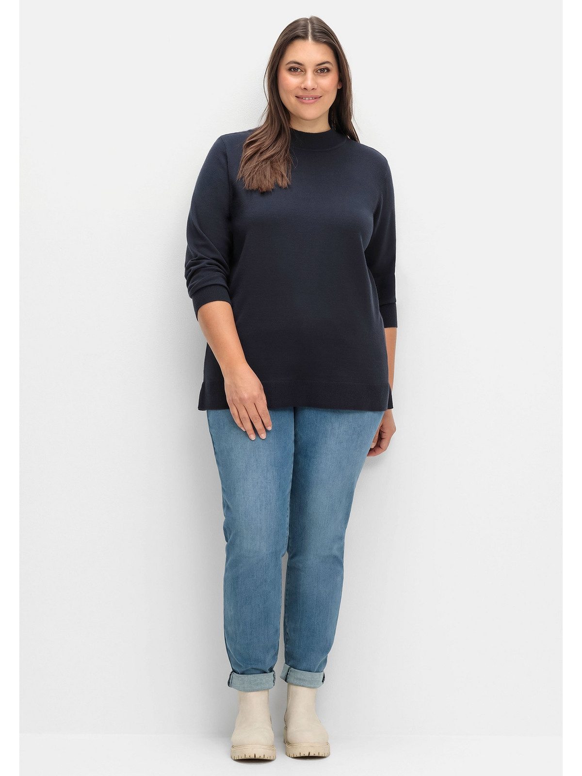 Sheego Strickpullover Große Größen mit geripptem Stehkragen und Seitenschlitzen