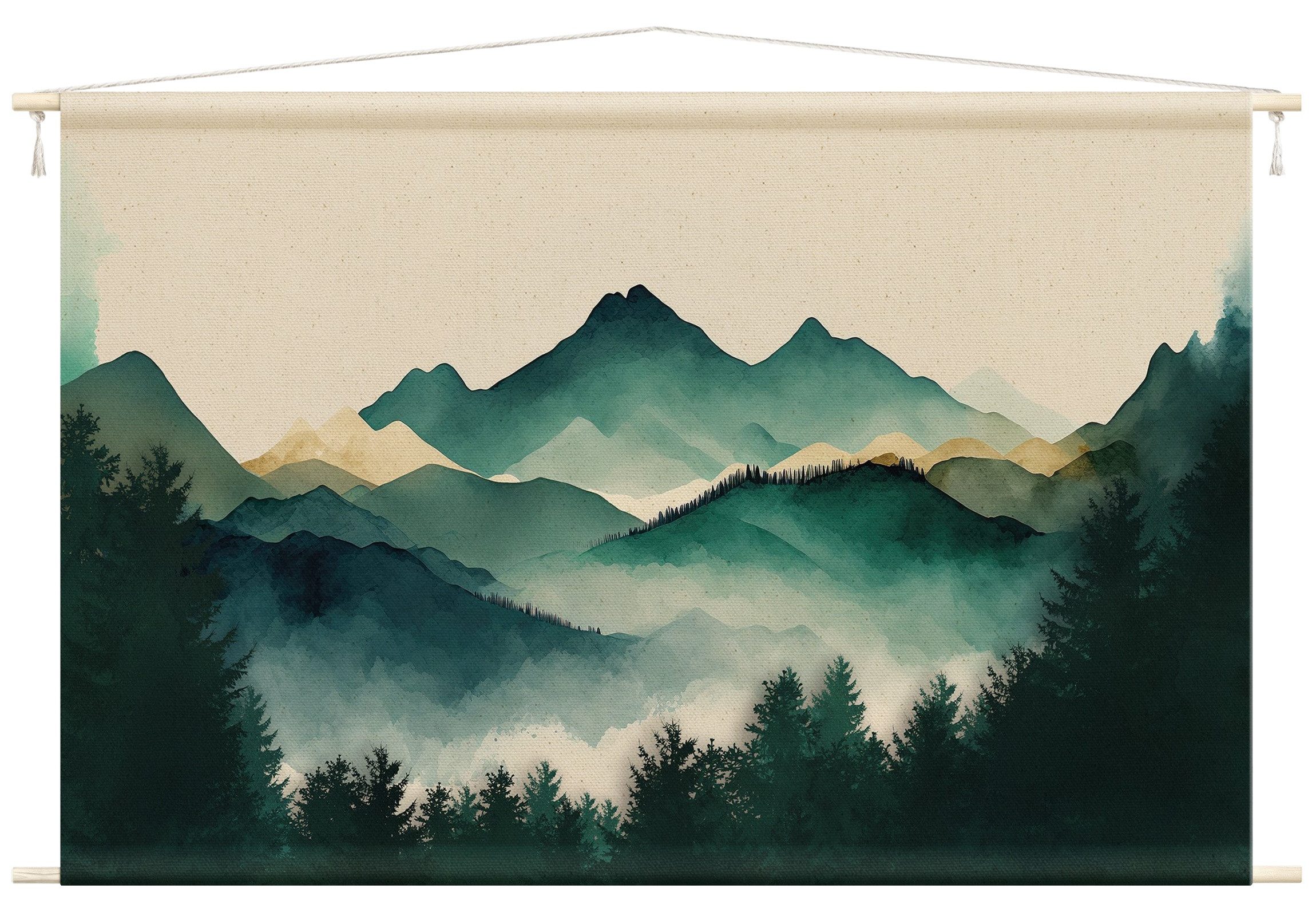 Bilderdepot24 Wandteppich modern Aquarell Natur Berge grün, rechteckig, Höhe: 2.6 mm, großes Wandbild aus Natur-Baumwolle Wandbehang Stoffbild Tuch Wollseil