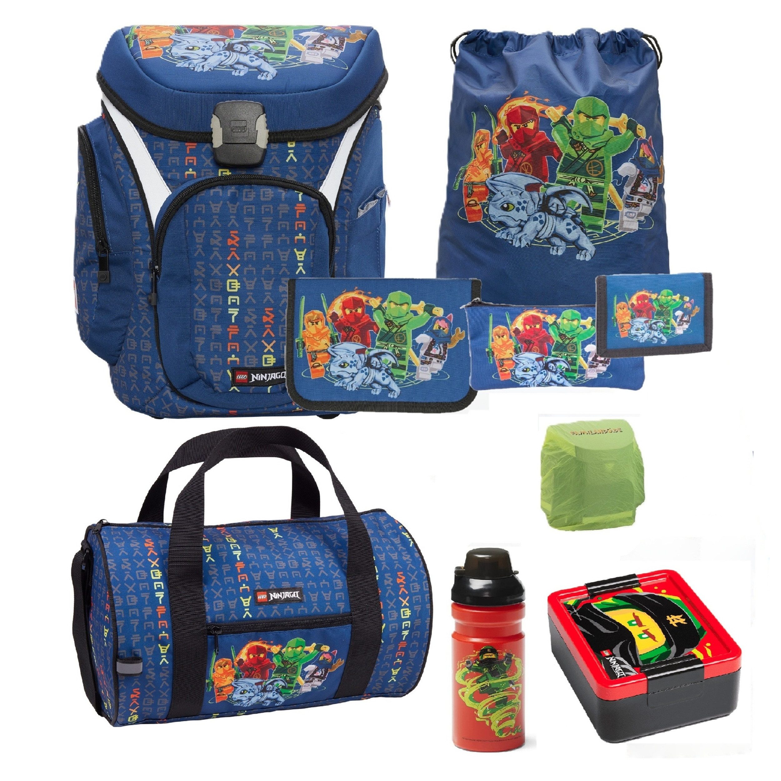 LEGO® Bags Schulranzen Lego Ninjago Einschulungs-Set "Explorer" Dose, Flasche und Sporttasche (Set, 9-tlg., mit Dose, Flasche und Sporttasche), ab der 1. Klasse, Ergonomisch, 16L Volumen, wasserabweisend