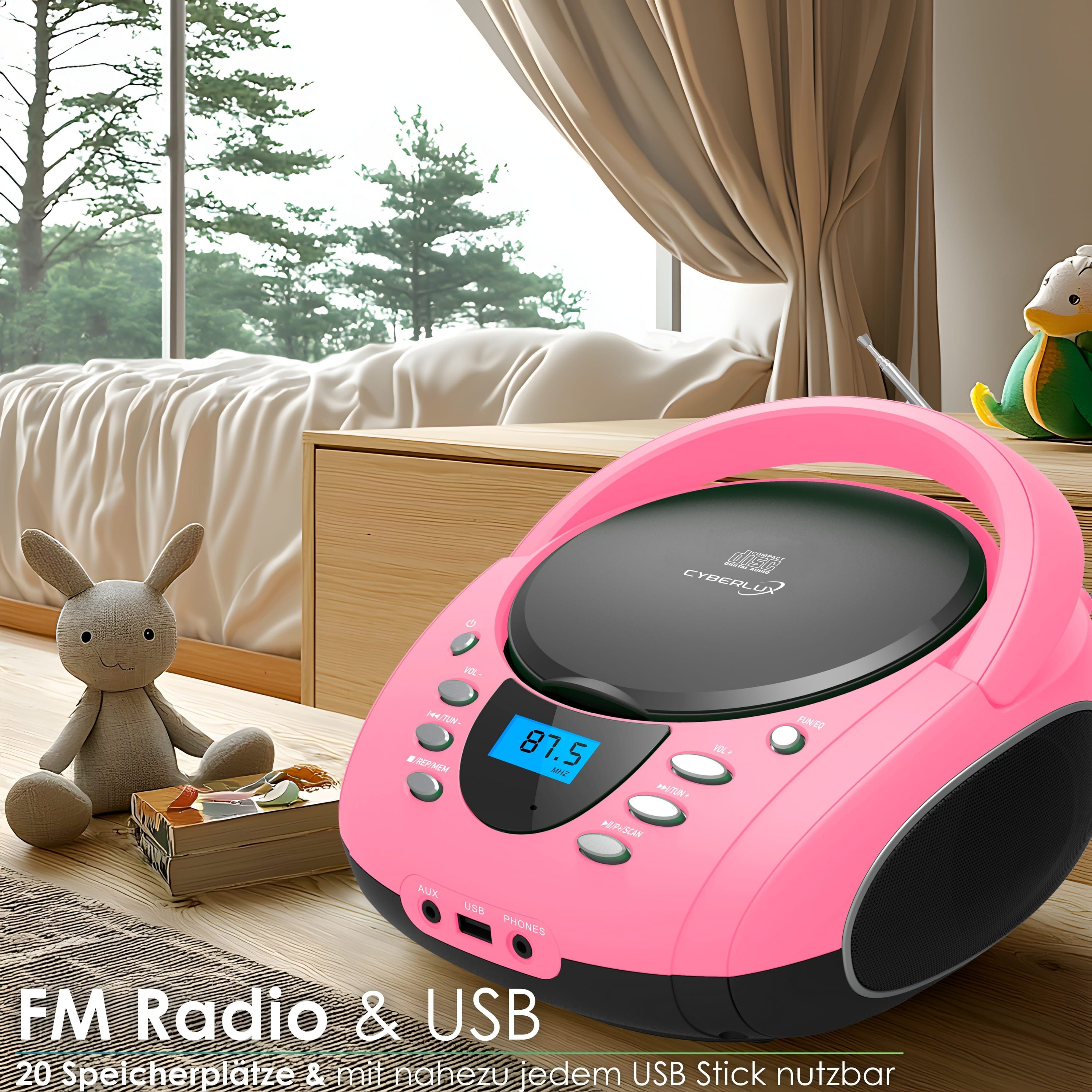 Cyberlux CL-720 tragbarer CD-Player (CD, Kinder CD Player tragbar, Boombox, Musikbox, FM Radio mit MP3 USB)
