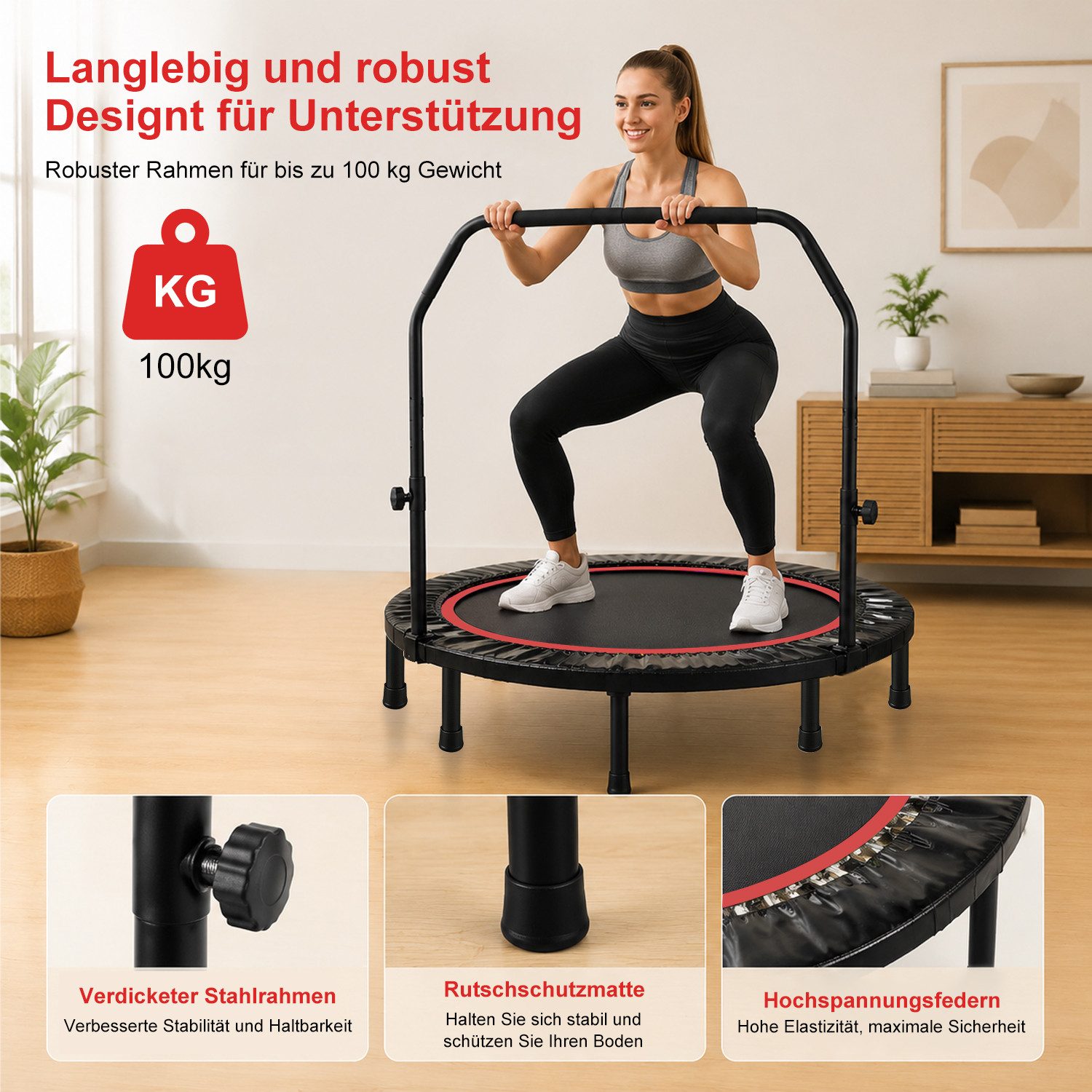 FOXSPORT Fitnesstrampolin Faltbar mit 3-stufig Höhenverstellbarer Haltestange, Ø 120 cm, Inclusief Beschermrand & Anti-Slip Grijpstang, Max. 100 kg