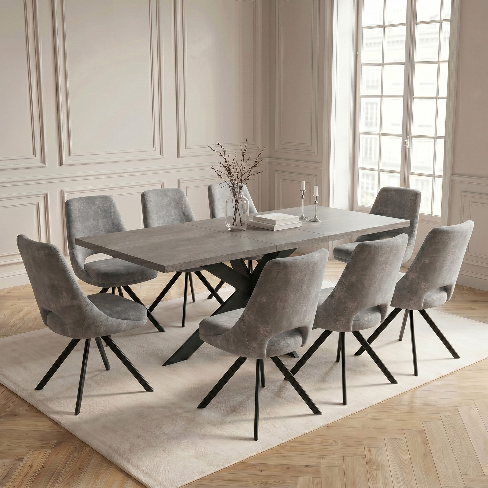 Jiexi Essgruppe Essgruppe ausziehbar 160-200cm MDF Rhein-Optik Flanell Stühle Set