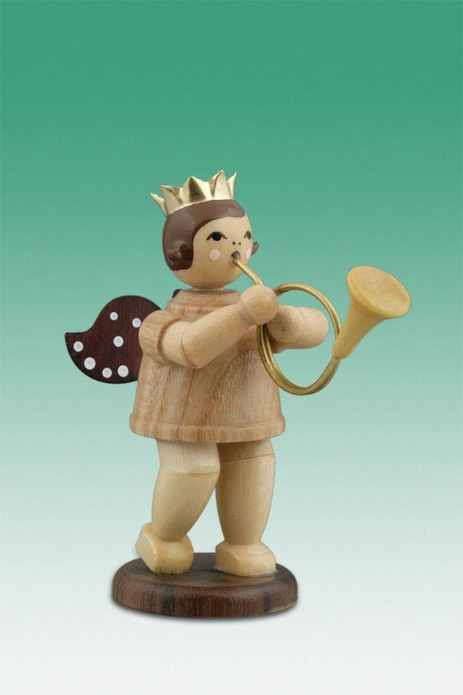 Engelfigur Holzfigur Musikantenengel mit englischem Horn und Krone natur Höhe 6