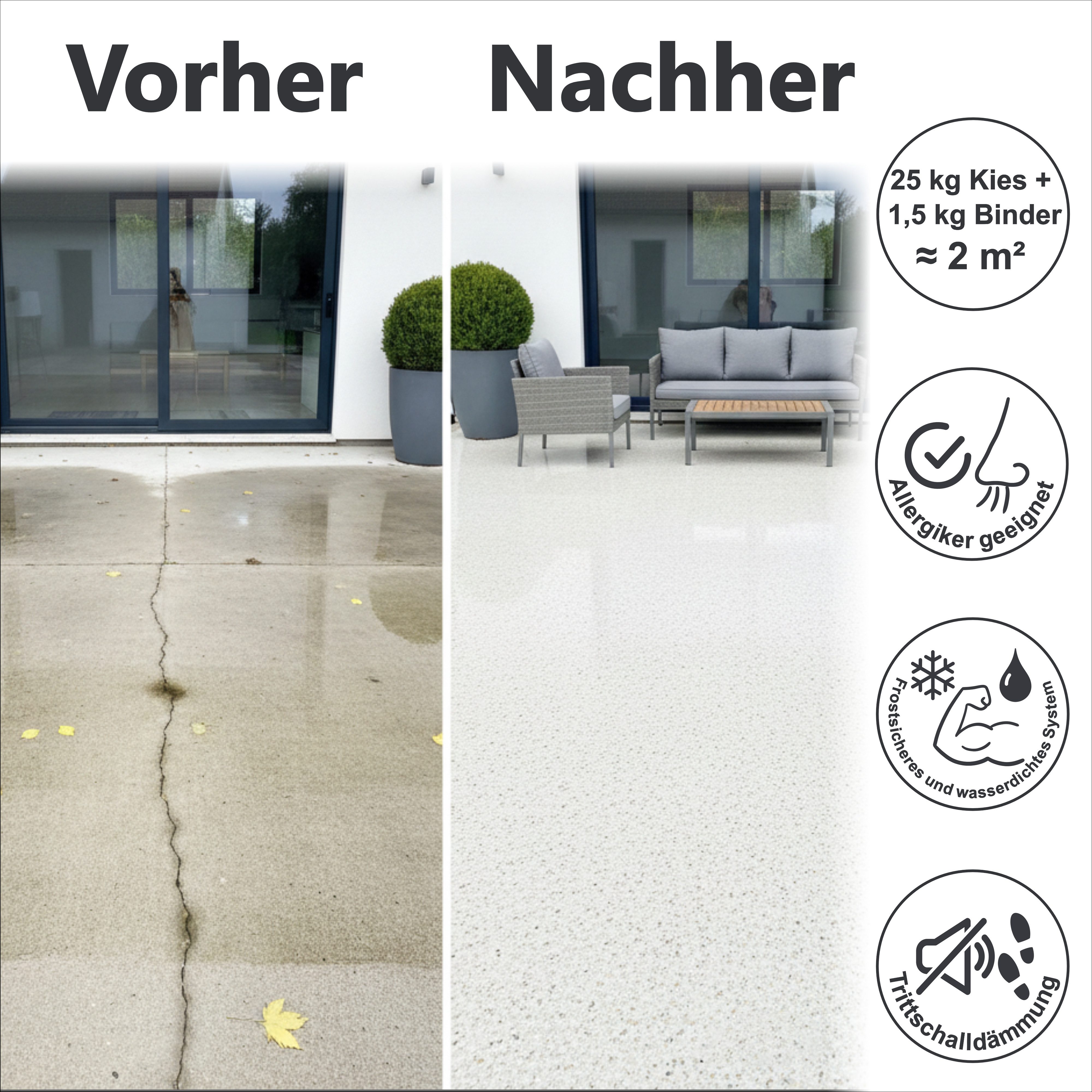 WO-WE Bodenfliese Steinteppich Set Marmorkies Bodenbeschichtung W730 2qm, Korngröße 1-4mm, Naturgrau - Grigio Occhialino, Set, 25KG Marmorkies + 1,5KG 2k Bindemittel