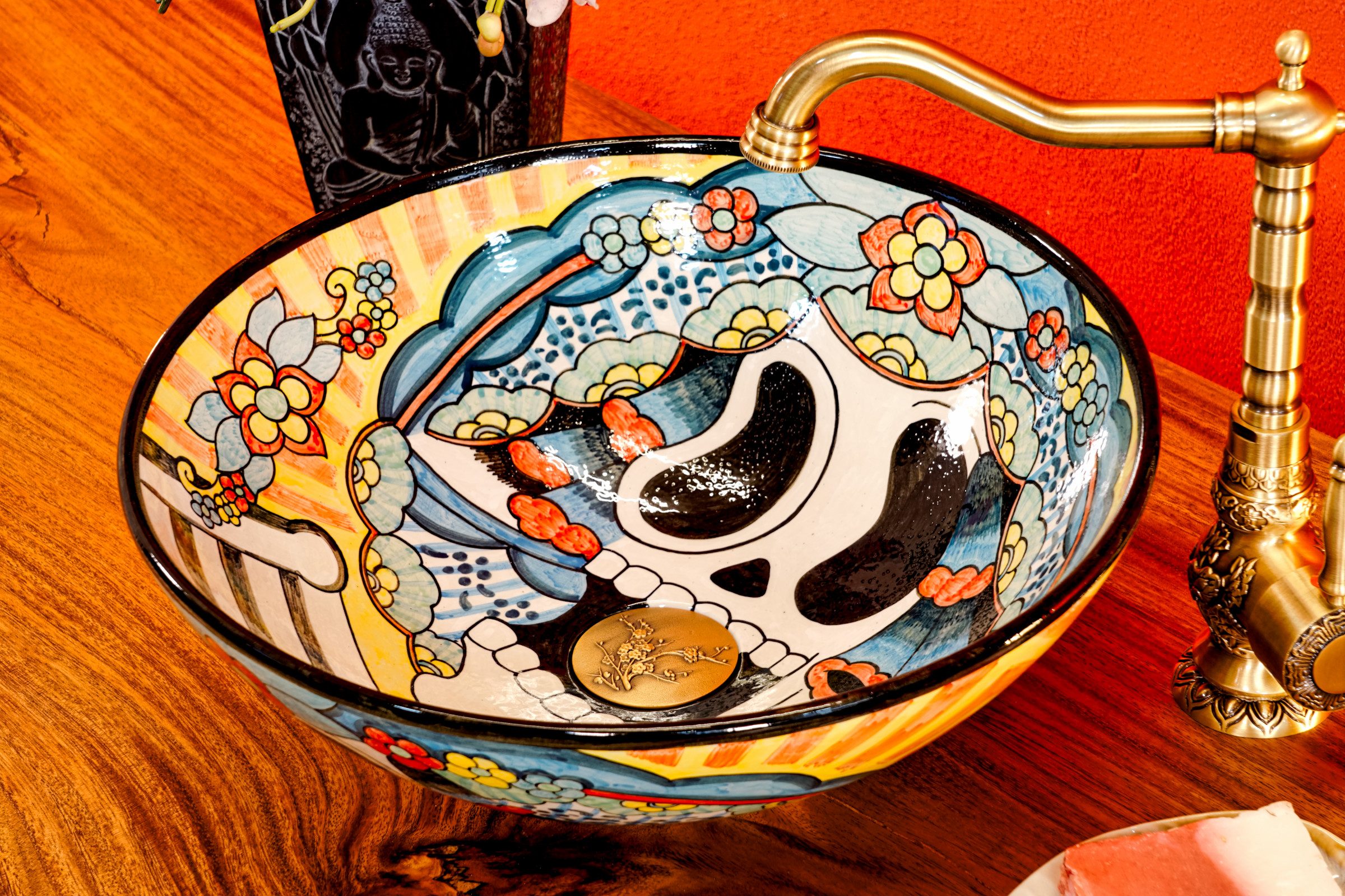Kinaree Aufsatzwaschbecken Keramik Waschbecken TULUM, Keramik, Handbemalt, Rund, Totenkopf, Dia de los Muertos Optik