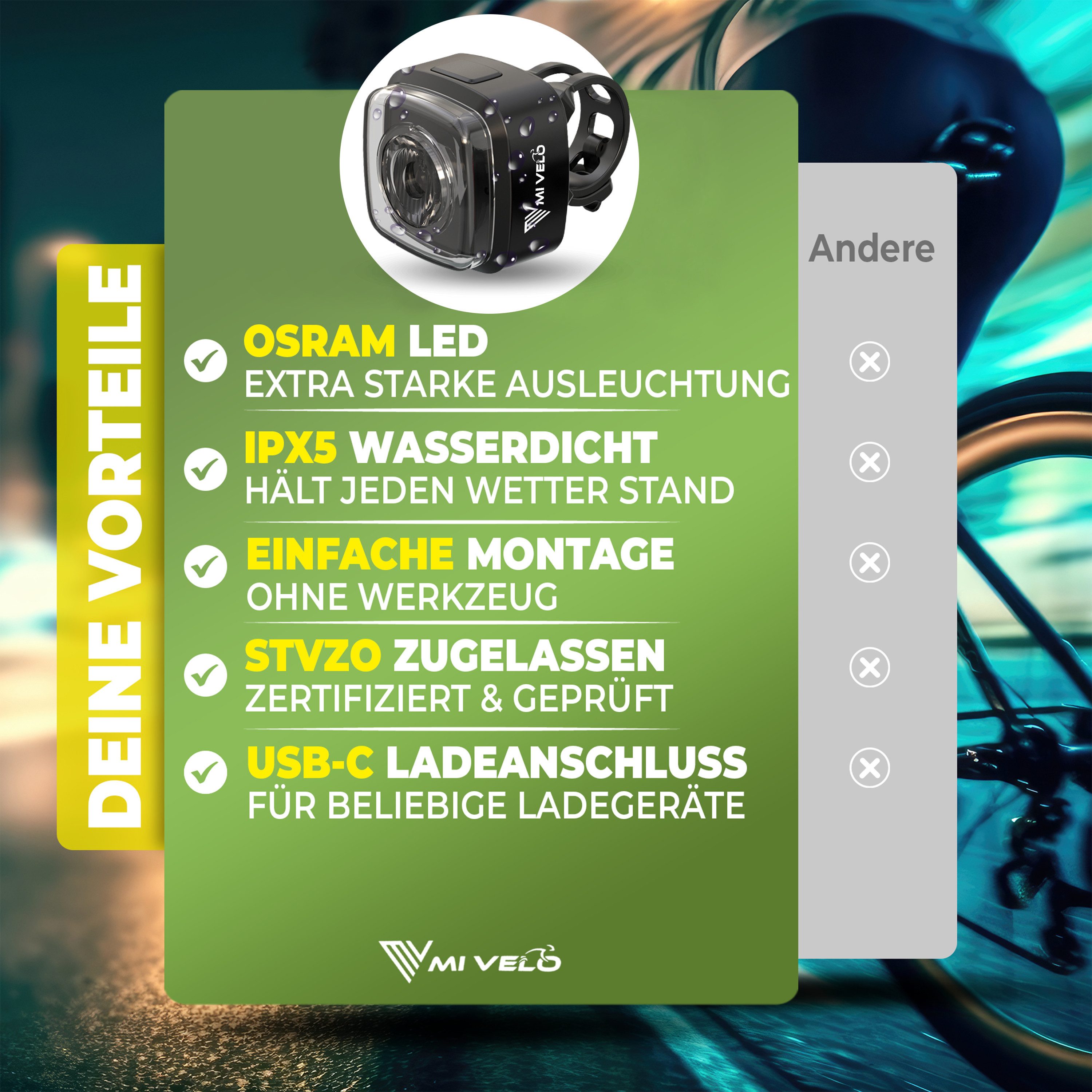 MIVELO Fahrradbeleuchtung CUBE Fahrradlicht Set LED - Akku USB aufladbar wasserdicht, OSRAM LED