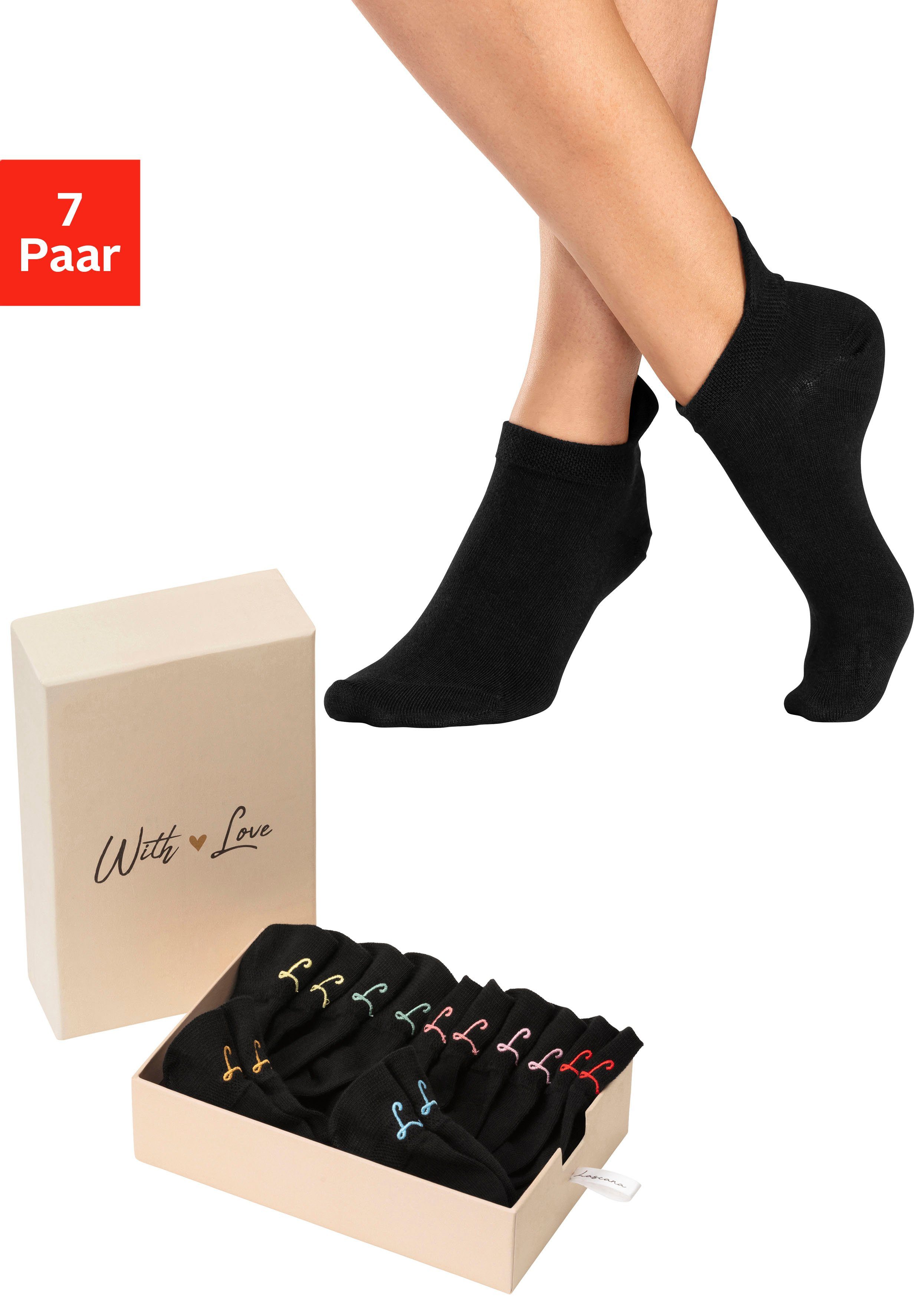 LASCANA Sneakersocken (Set, 7-Paar, Box) mit kleiner Stickerei 7x schwarz